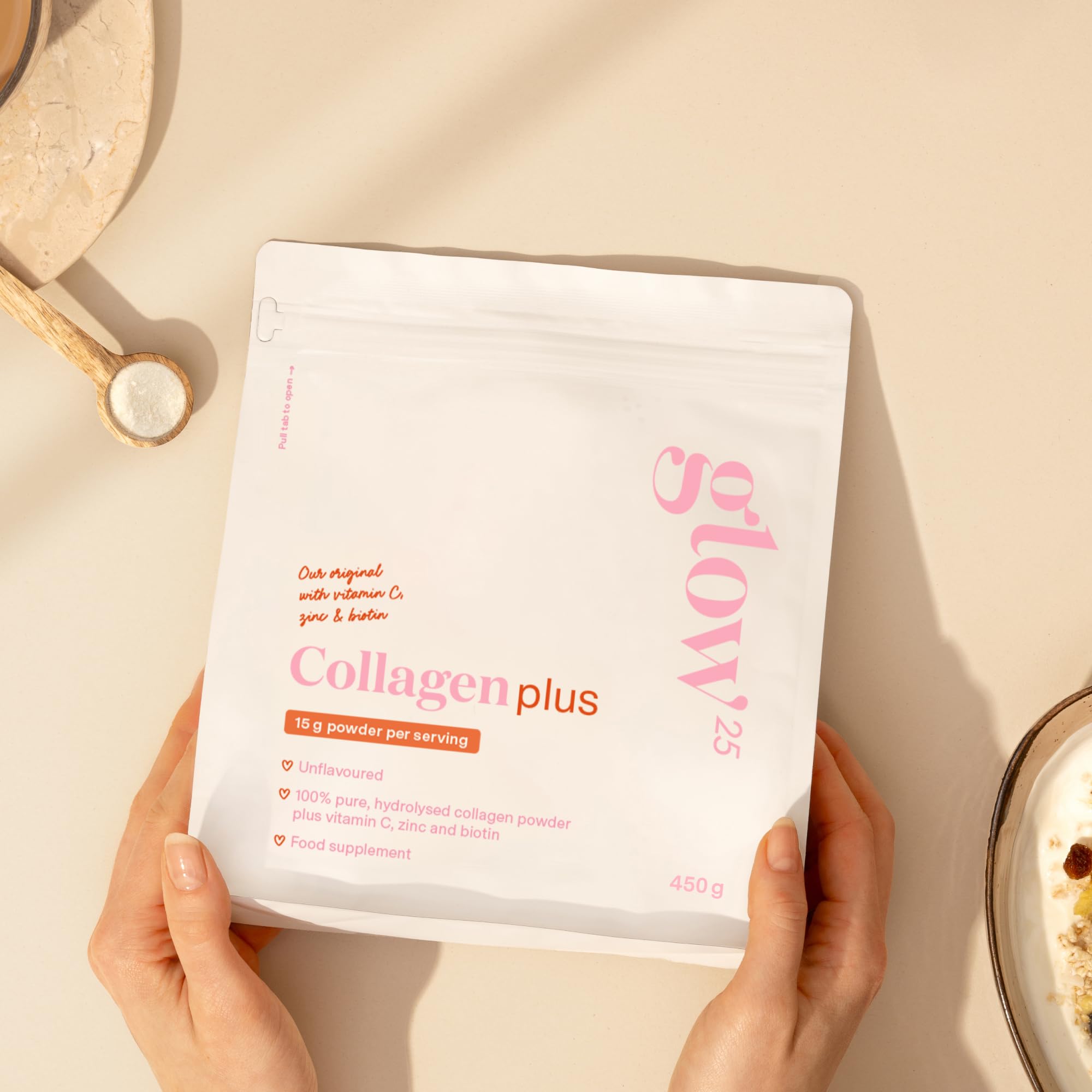 Glow25® Collagen Plus 450 g – Peptidi di collagene di tipo I e III con vitamina C, zinco e biotina – Formula idrolizzata ad alta biodisponibilità – Collagene in polvere