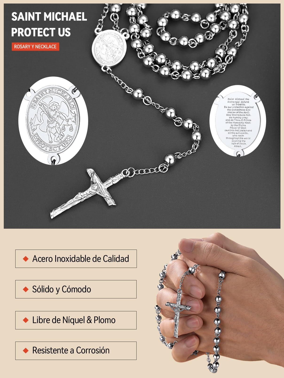 FaithHeart Collar Rosario Hombre Mujer Acero Inoxidable 316L Medalla San Miguel/Benito/Cristóbal/María con Cruz Jesucristo Joyería Religiosa para Rezo