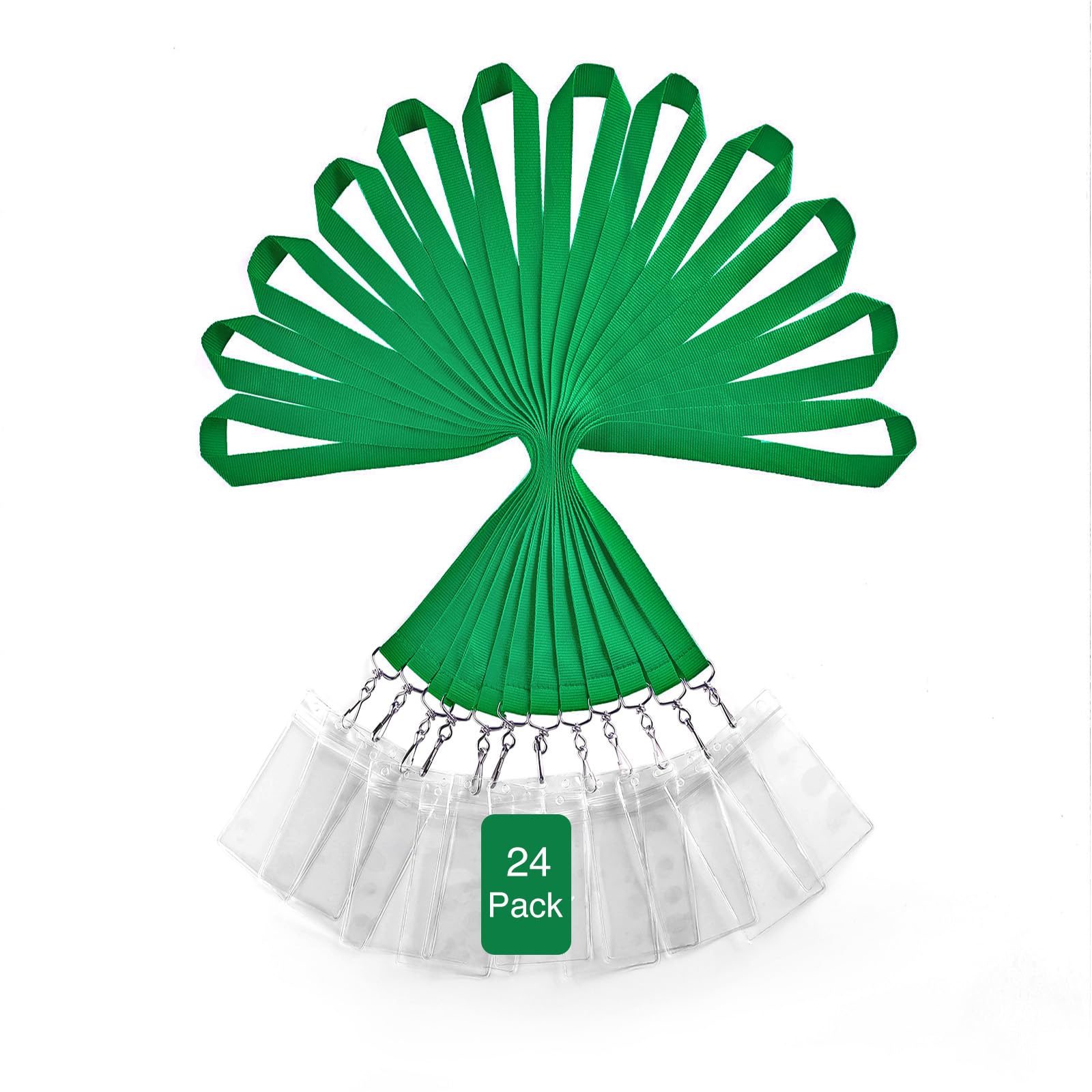 24-Pack Green Lanyards with Waterproof Badge Holders, Polyester Neck Straps for ID Cards, Events, Office, and Schools