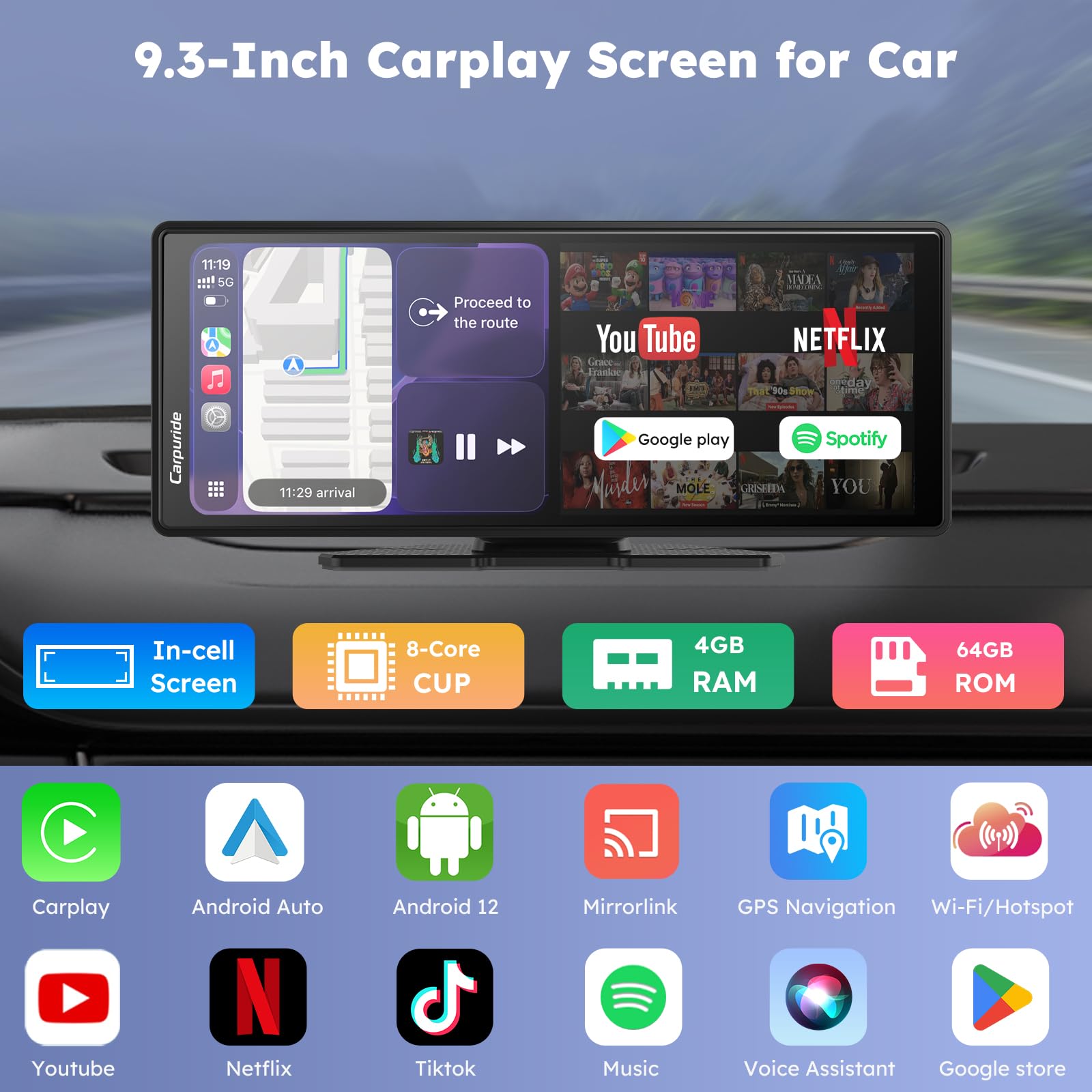 CARPURIDE W903Plus Bezprzewodowy CarPlay i Android Auto 4+64 GB, 9,3-calowy ekran dotykowy HD IPS CarPlay do samochodu, GPS online i offline, Mirror Link, Bluetooth, antena GPS, kamera cofania