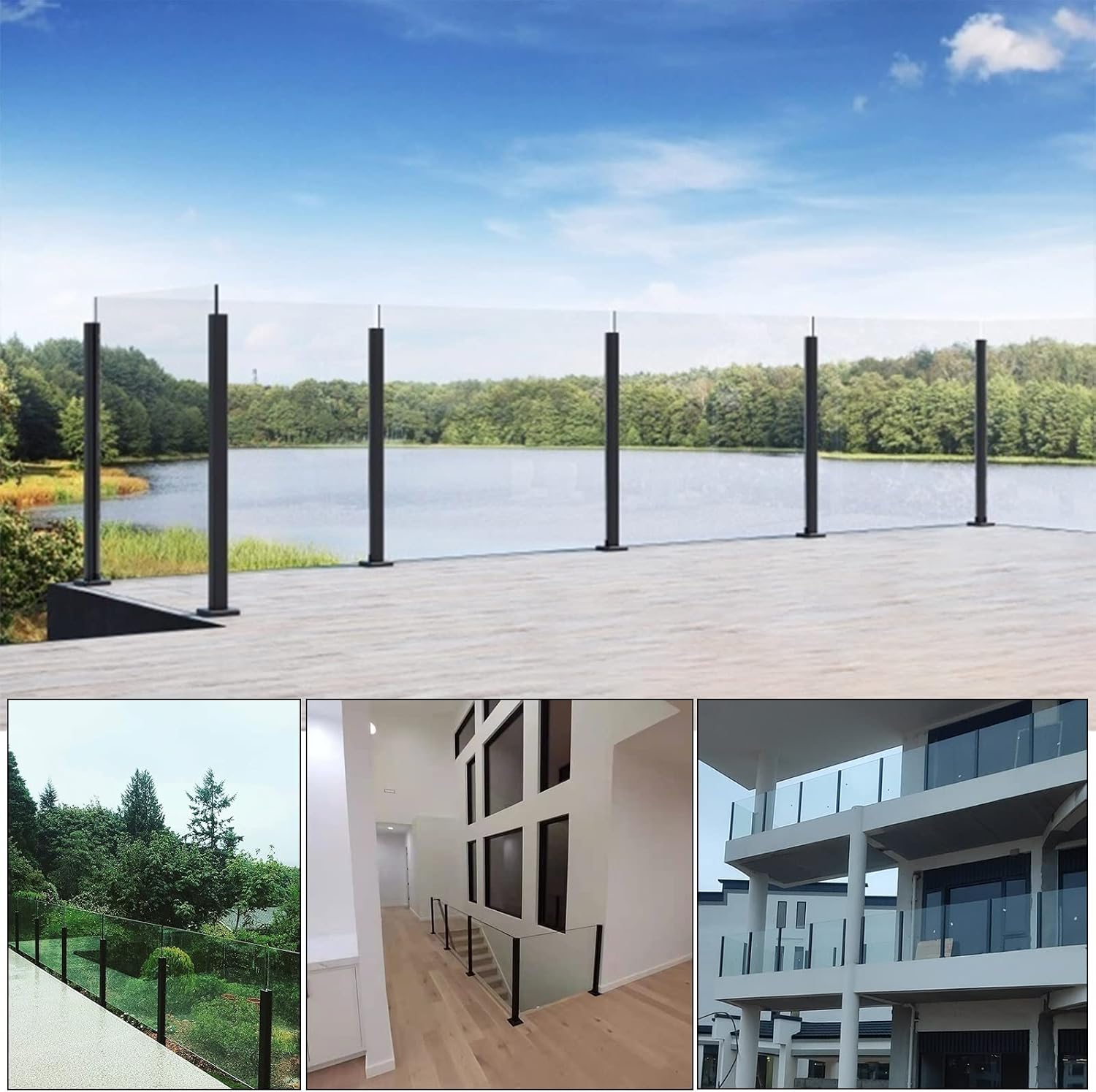 Glass Balustrade Panel Clamp Post Glass Railing Post, Square Black Stainless Steel Platform Partitions Fence/Guardrail Column, Patio Balcony Deck (Color : Corner Post, Size : 85cm/33.4")
