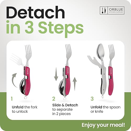 Vista 73 de Orblue Utensilios de comida 4 en 1, paquete de 2 – Cuchara portátil, tenedor, cuchillo y abridor de botellas – Cubiertos de acero inoxidable