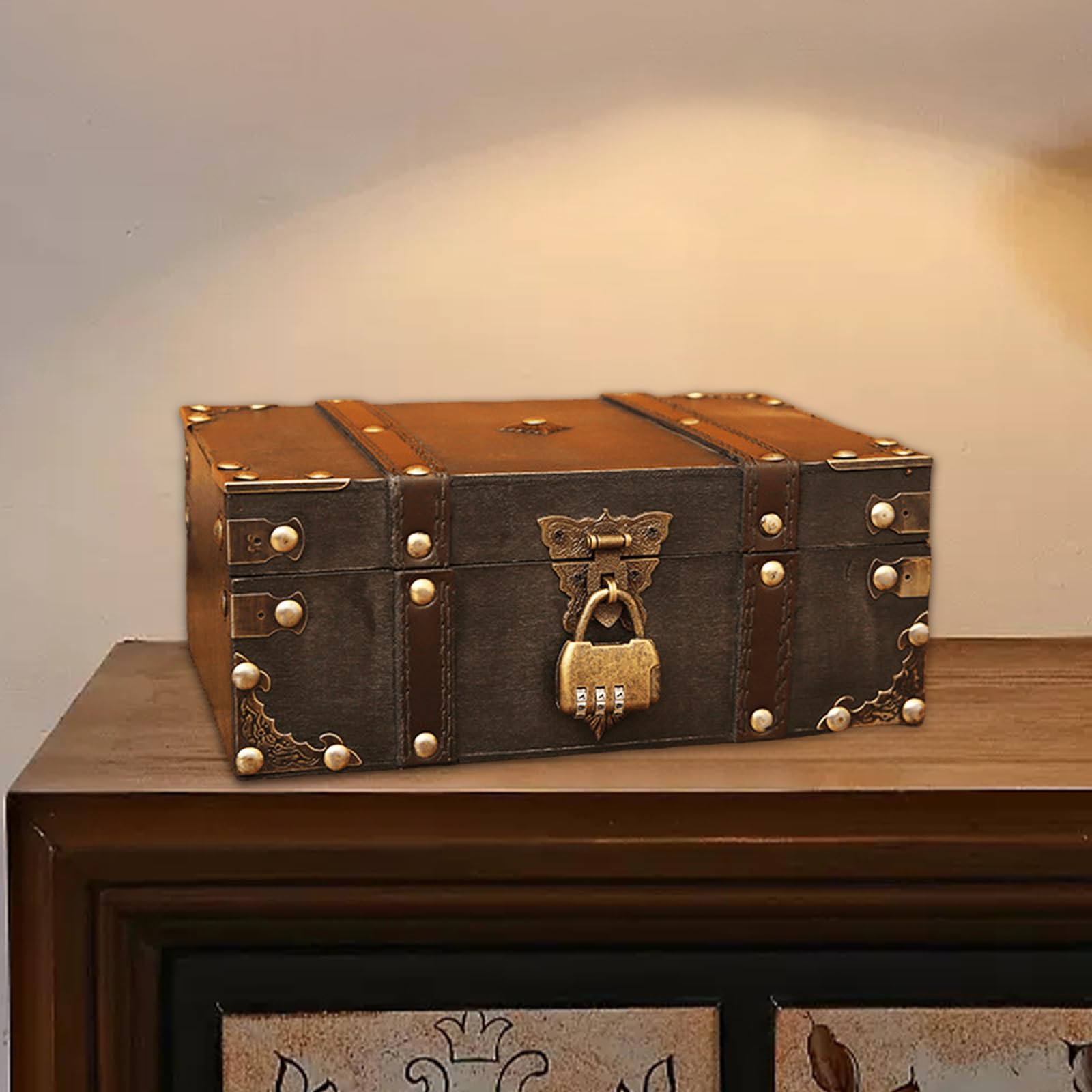 GBKDQQ Drewniana skrzynia na skarby w stylu vintage, 24 x 17 x 9,5 cm, skrzynia na skarby z zamkiem szyfrowym, na urodziny dziecka, drewniana skrzynia do przechowywania, dekoracja