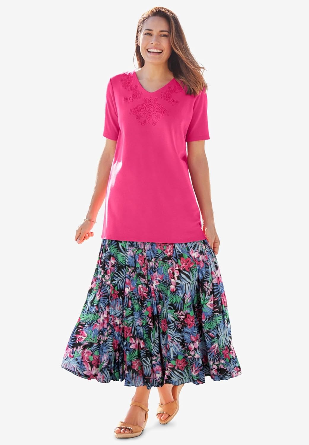 Woman Within Plus Size Pull-On Elastic Waist Crinkle Printed Skirt