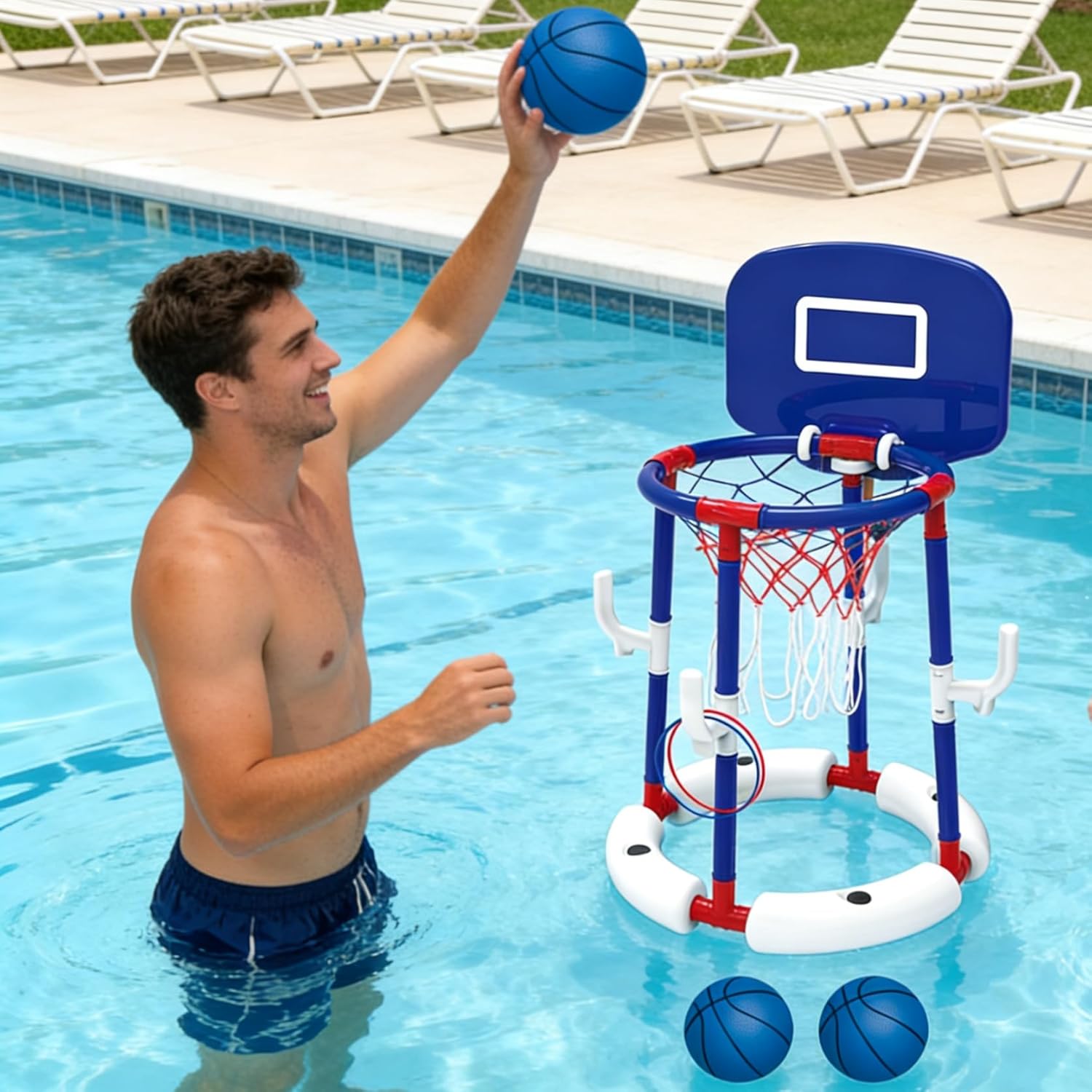 Floating Pool Basketball Hoop Set, 2-in-1 Pool Game with Backboard & Ring Toss, Stable Anti-Tip Base, 4 Balls, Rings & Pump, Pool Toys for Kids & Adults