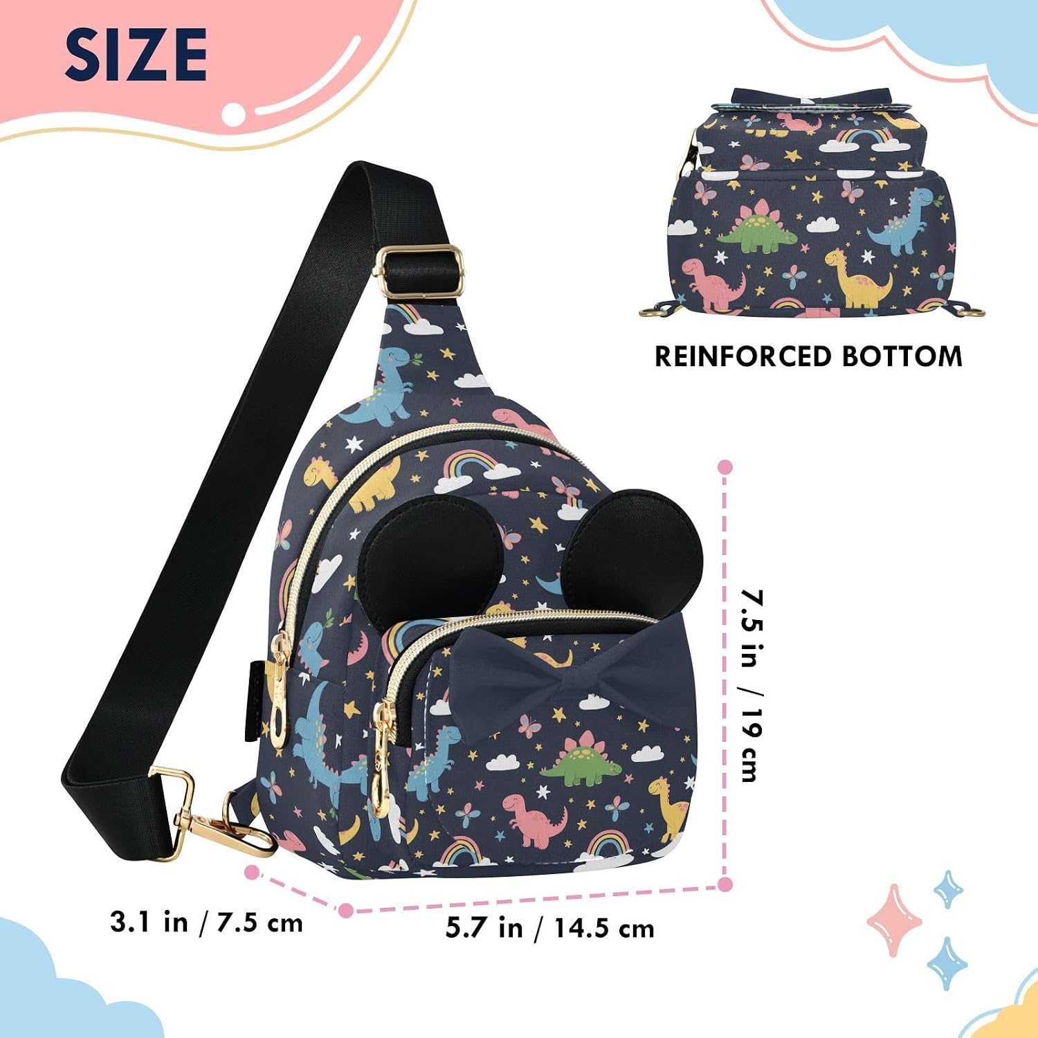 Dinosaurs Kids Sling Bag for Girls, 3.1x5.7x7.5 In | Crossbody Fanny Pack, Toddler Purse, Cute Sling Belt Bag with Ears, 2L Small Shoulder Chest Bag for Travel