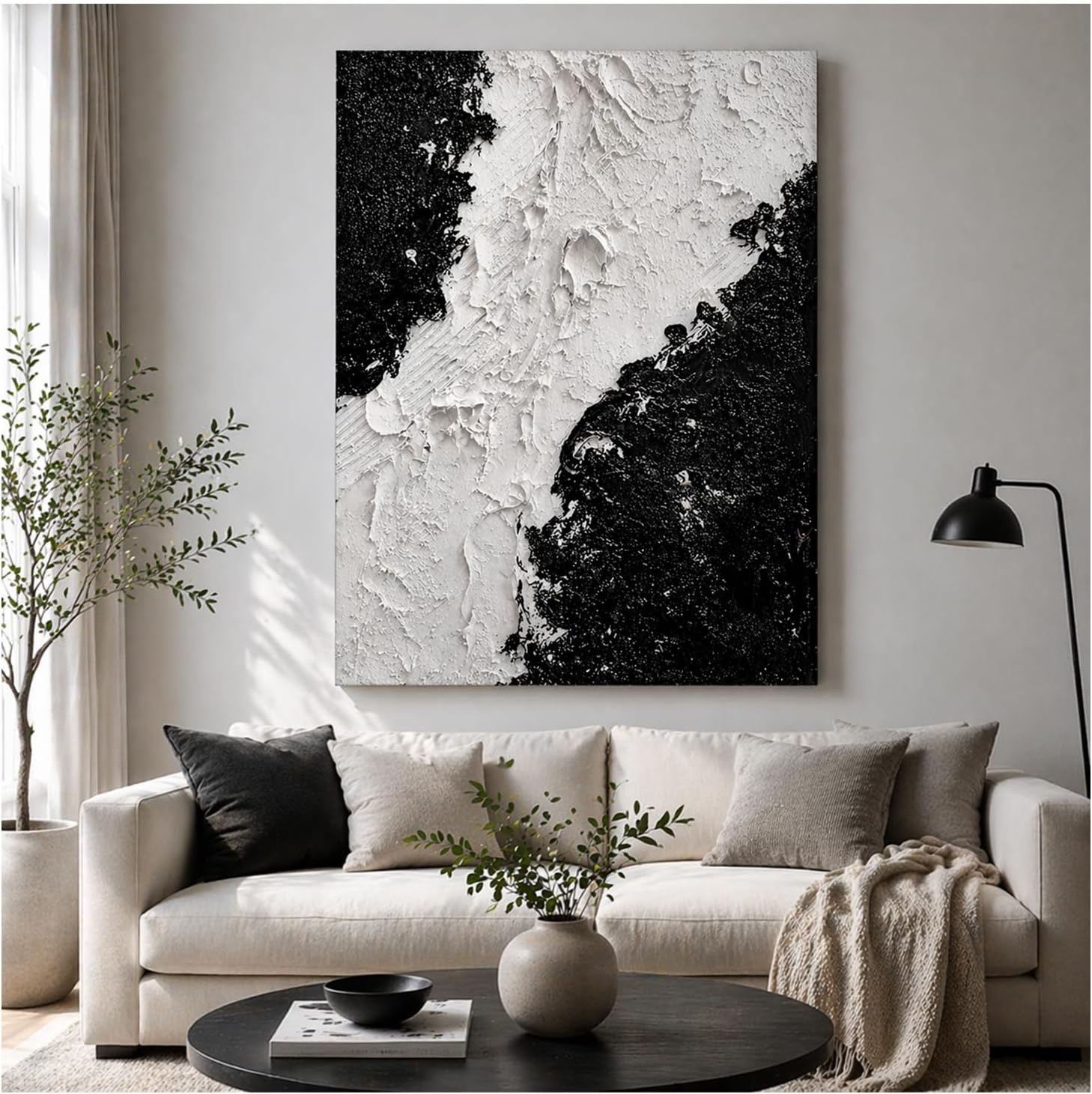 Rinsiken Hand Painted Large Black and White Abstract Wall Art 24x36 Inch Handmade Textured Canvas Modern Statement Painting for Living Room