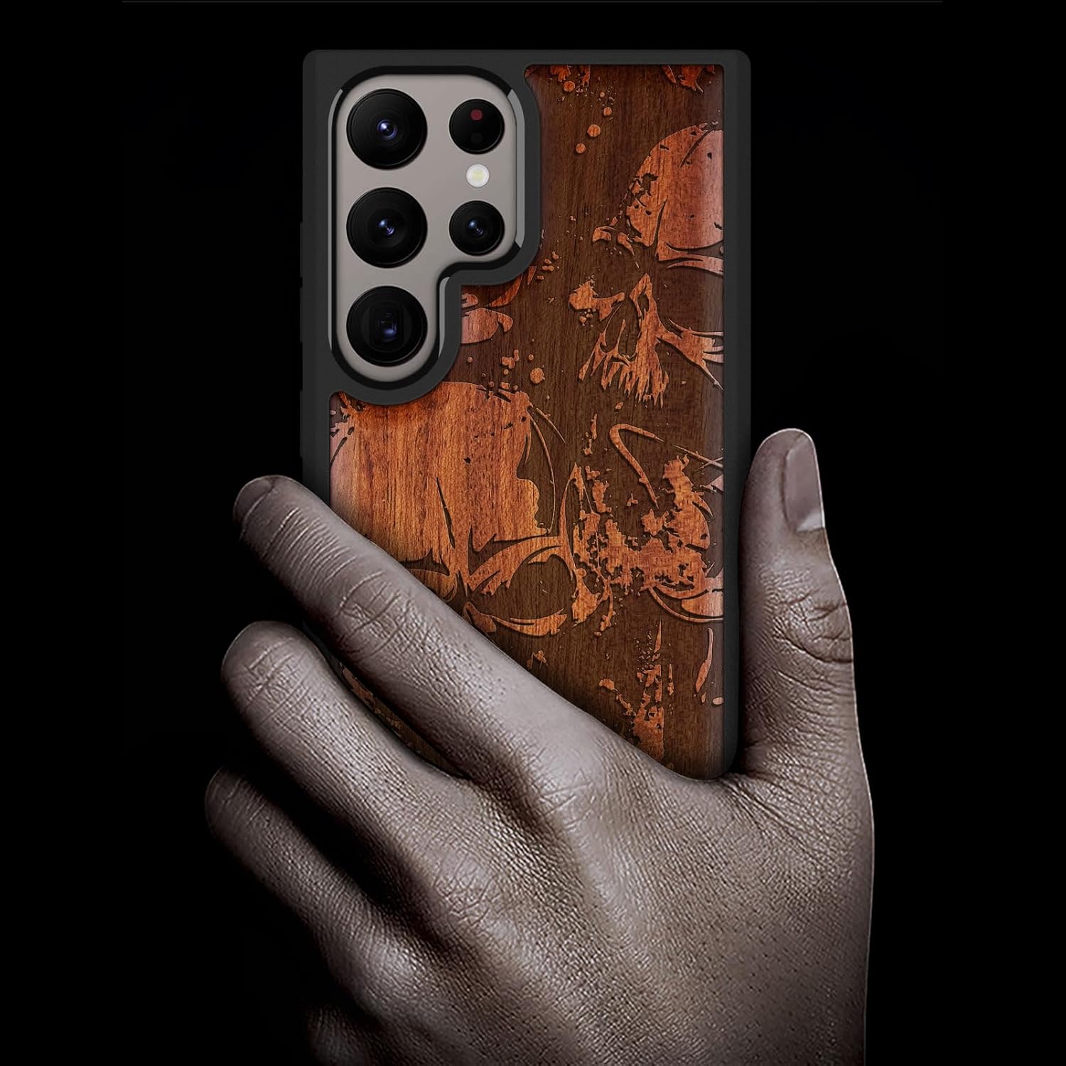 Carveit Wood Case for Galaxy S24 Ultra Case [Natural Wood & Black Soft TPU] Shockproof Protective Cover Unique Wooden Design Compatible with Samsung S24 Ultra (Grunge Style Skull Pattern-Rosy)