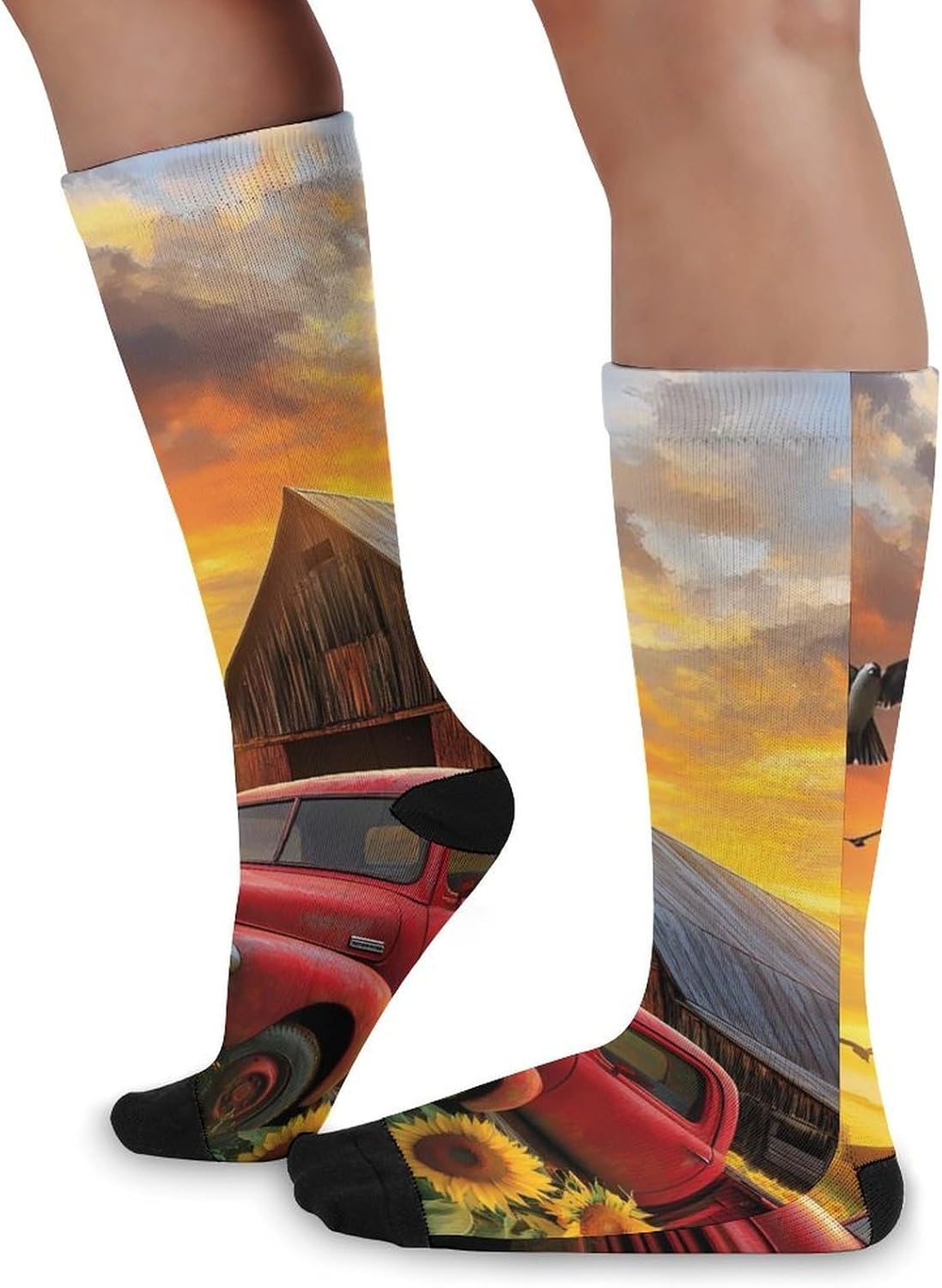 Farmhouse Red Truck Knee High Socks Athletic Long Stockings Sport Casual Crew Tube Sock Boot 46cm
