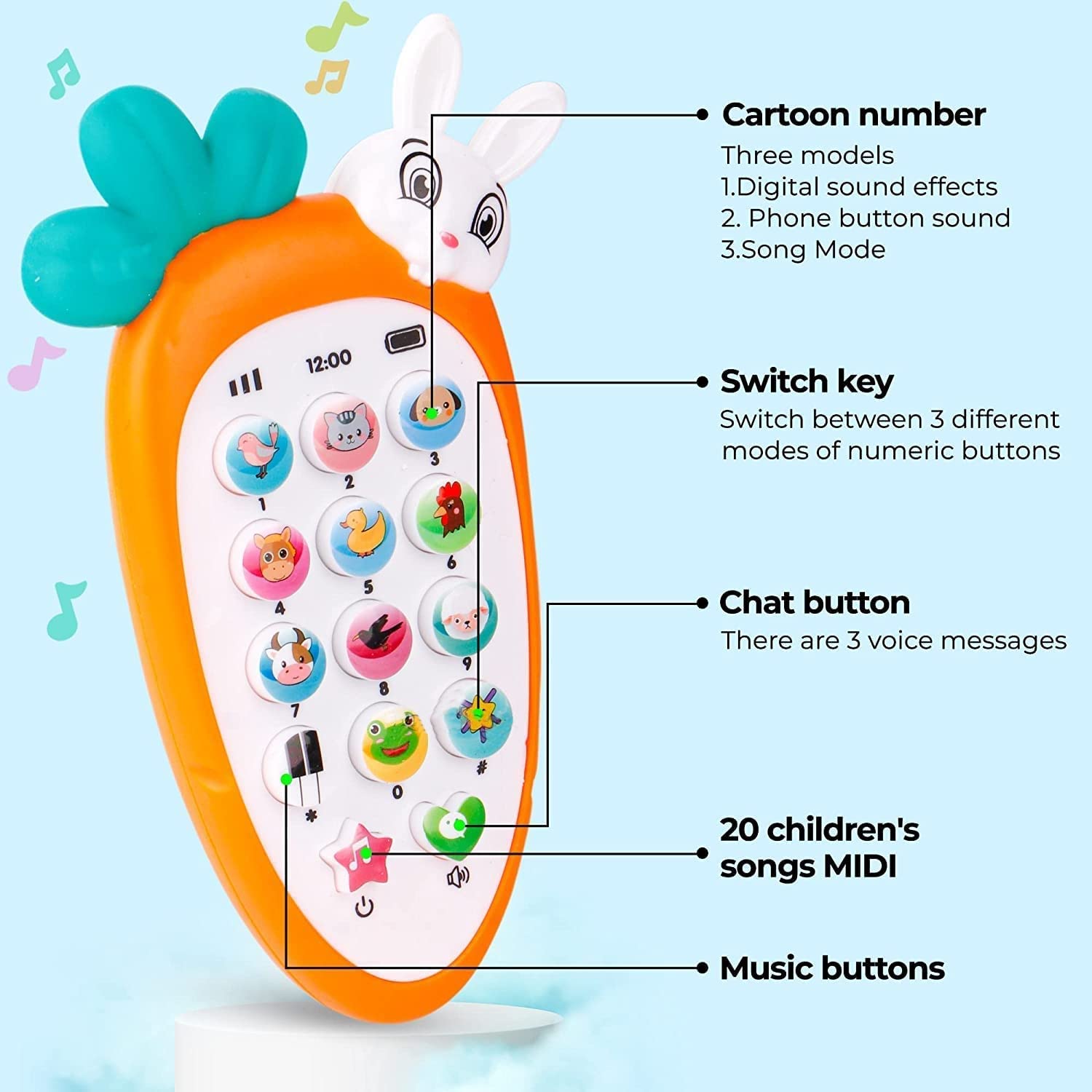 GRAPHENE Cute Rabbit Face Phone Pretend Play Cell Phone Toy for Kids Toddlers with 20 Musical Songs Animal Sound Ringtones Lights Birthday Party Favors and Return Gifts for Girls ( Multi Colour) 1