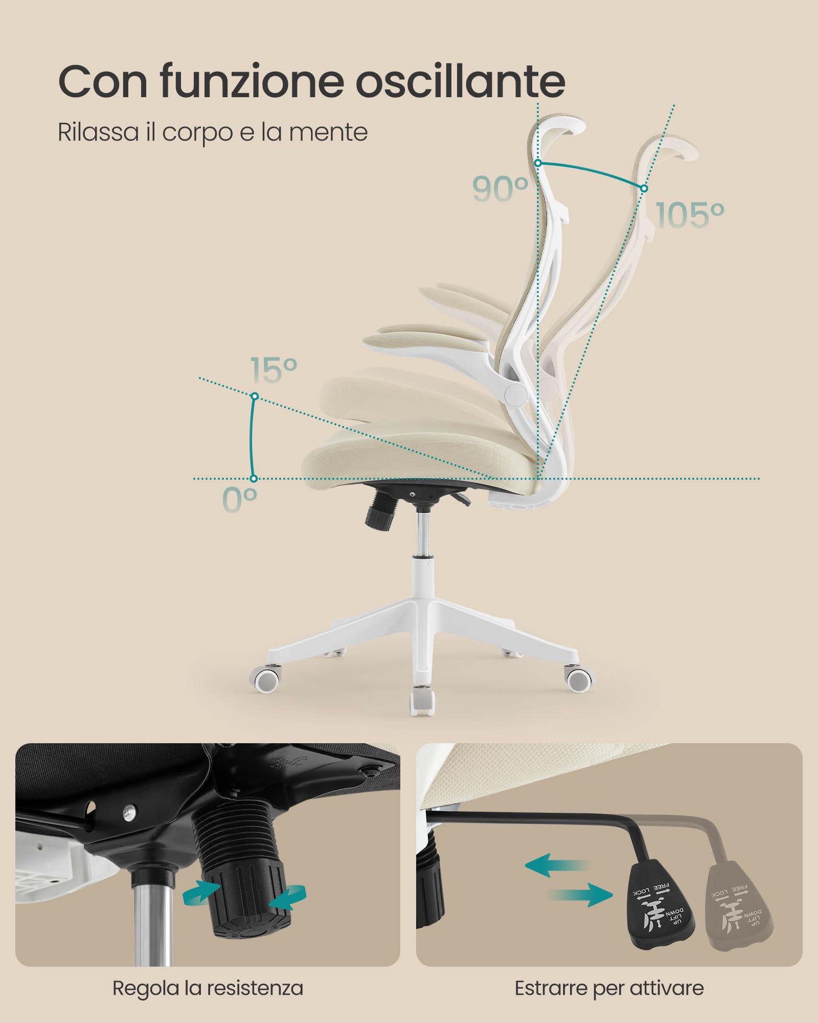 SONGMICS Sedia da Ufficio, Sedia da Scrivania Girevole, Schienale Ergonomico, Altezza Regolabile, Braccioli Ribaltabili, con Poggiatesta, Portata 150 kg, Beige Cappuccino OBN088K01