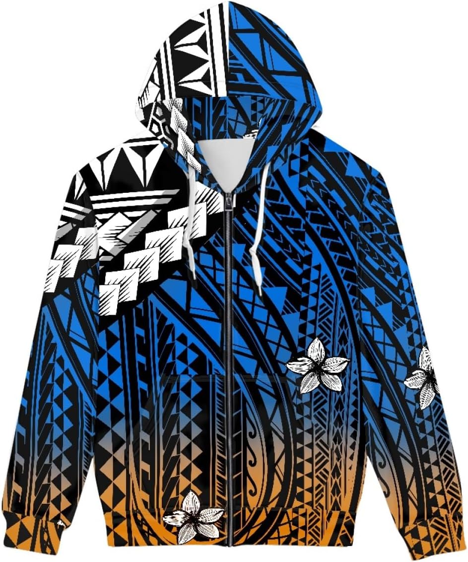 GLUDEAR Men's Polynesian Traditional Tribal Print Zipper Hoodie Long Sleeves Sweatshirt Hoodies