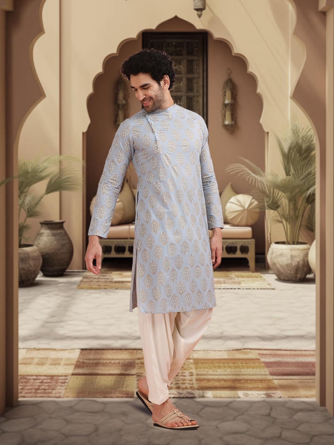 KISAH Mens Kurta – Printed Cotton Blend Tunic with Mandarin Collar, Regular Fit – Indian Wedding Outfit for Men – Festive Wear for Diwali, Eid & Celebrations Blue - Image 2