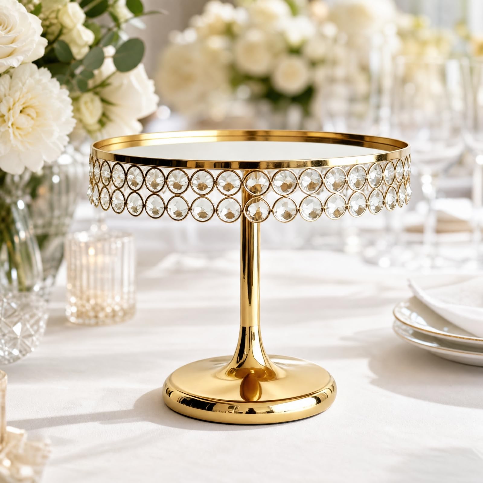 Alzatina in Metallo con Vassoio Circolare Elegante Espositore con Superficie a Specchio e Stabile Alzatina Bordo Rialzato per Compleanni, Oro 30CM 24CM