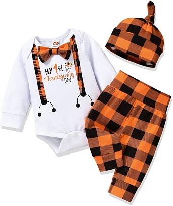 fioukiay Preemie Newborn Baby Boys Thanksgiving Outfits Infant My First Thanksgiving Clothes Plaid Pants Set with Hat