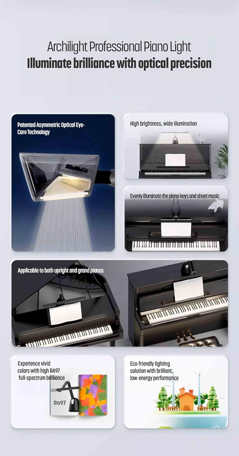 Stella-Pro Musical Stand Light Double Arm for Piano: Modern Design, Asymmetric Lighting, 3000K-6500K CCT Adjustable, Dimmable, Heavy Weight Base with Light Sensor, 12W LED, Eye Protection