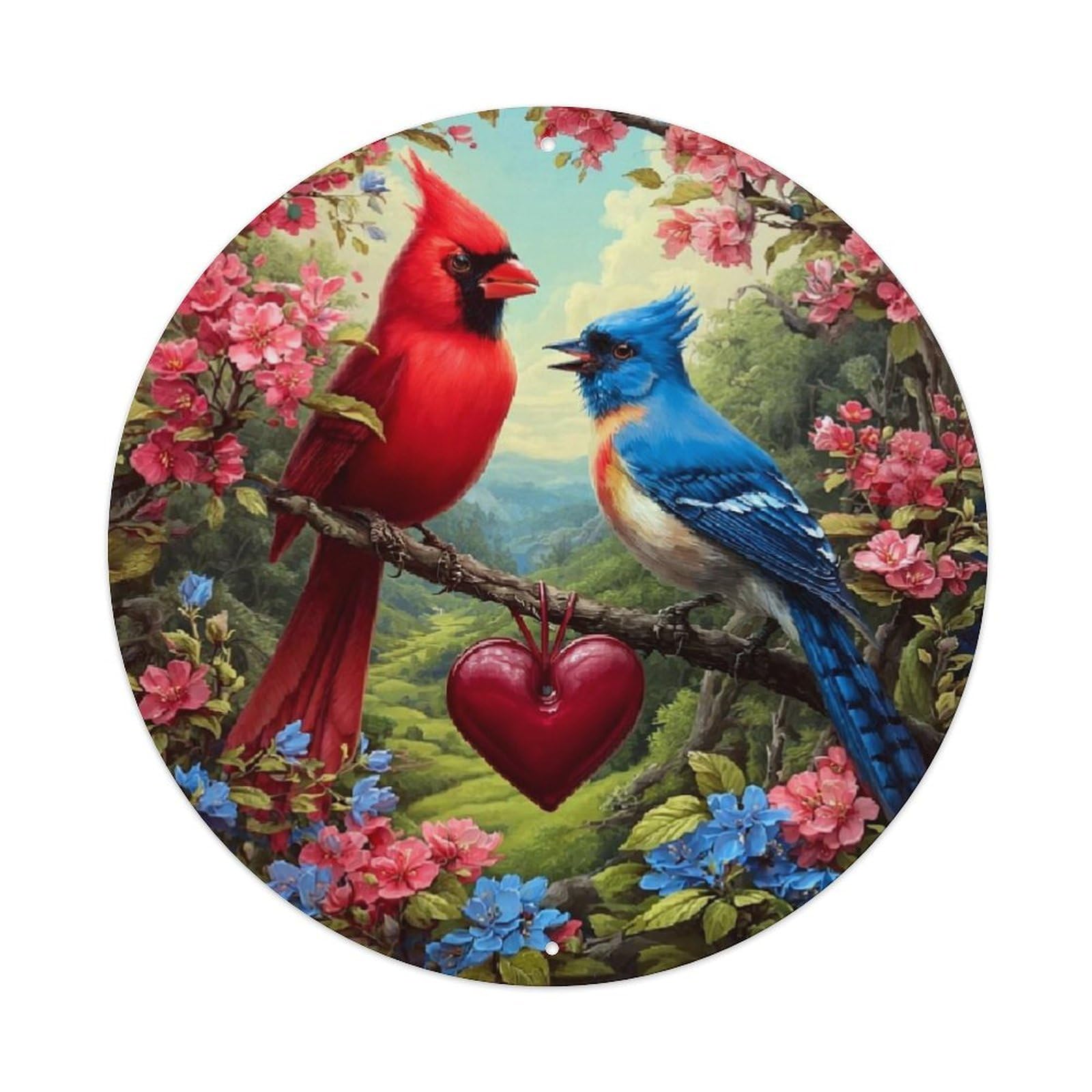 Cardinal And Bluebird With Heart Retro Metal Sign Round Tin Sign, Vintage Decor Art Poster for Bar, Home, Man Cave, Kitchen, Laundry Room Gift 8x8Inch