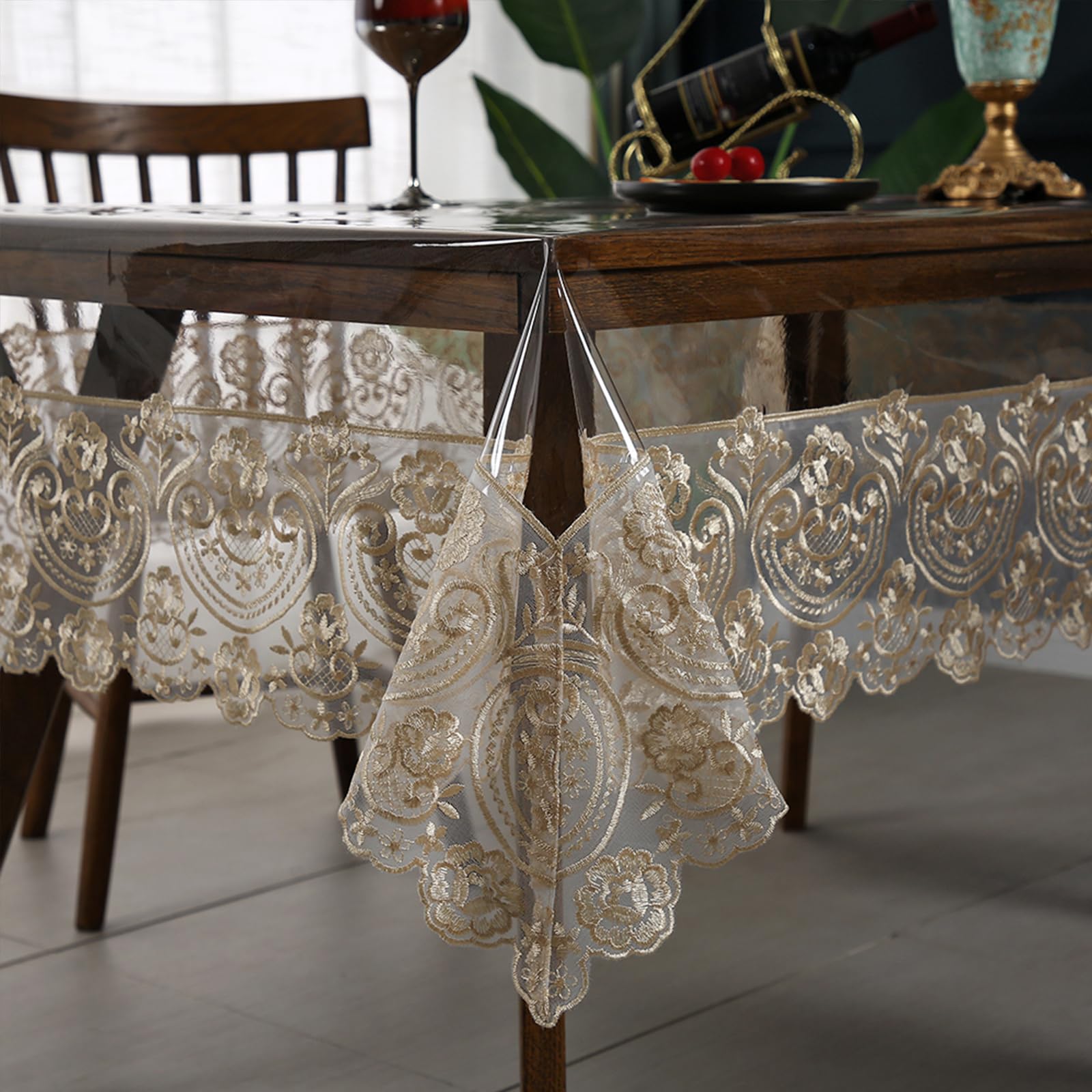 Qubjus Mantel de plástico transparente, impermeable, rectangular, de vinilo, con encaje bordado, para comedor, cocina, bufé, banquetes, fiestas (60 x 98 pulgadas, café)