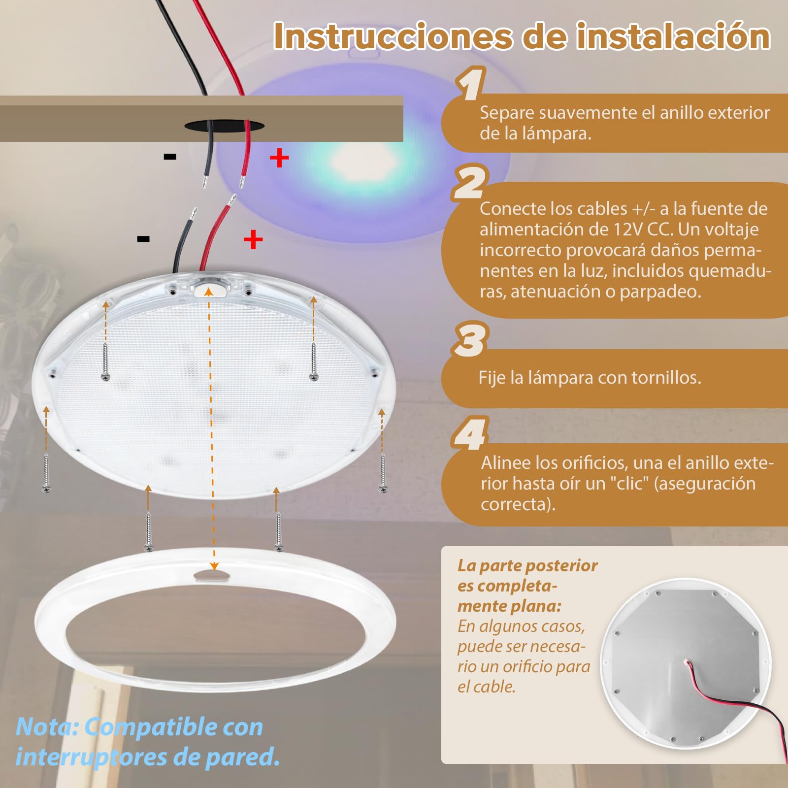 Dream Lighting Luz 12v Atenuable para Caravana Autocaravana Camper Furgoneta Plafon LED Techo con Interruptor 21,6CM Redondo Lampara 6000K Blanco Frío y Azul