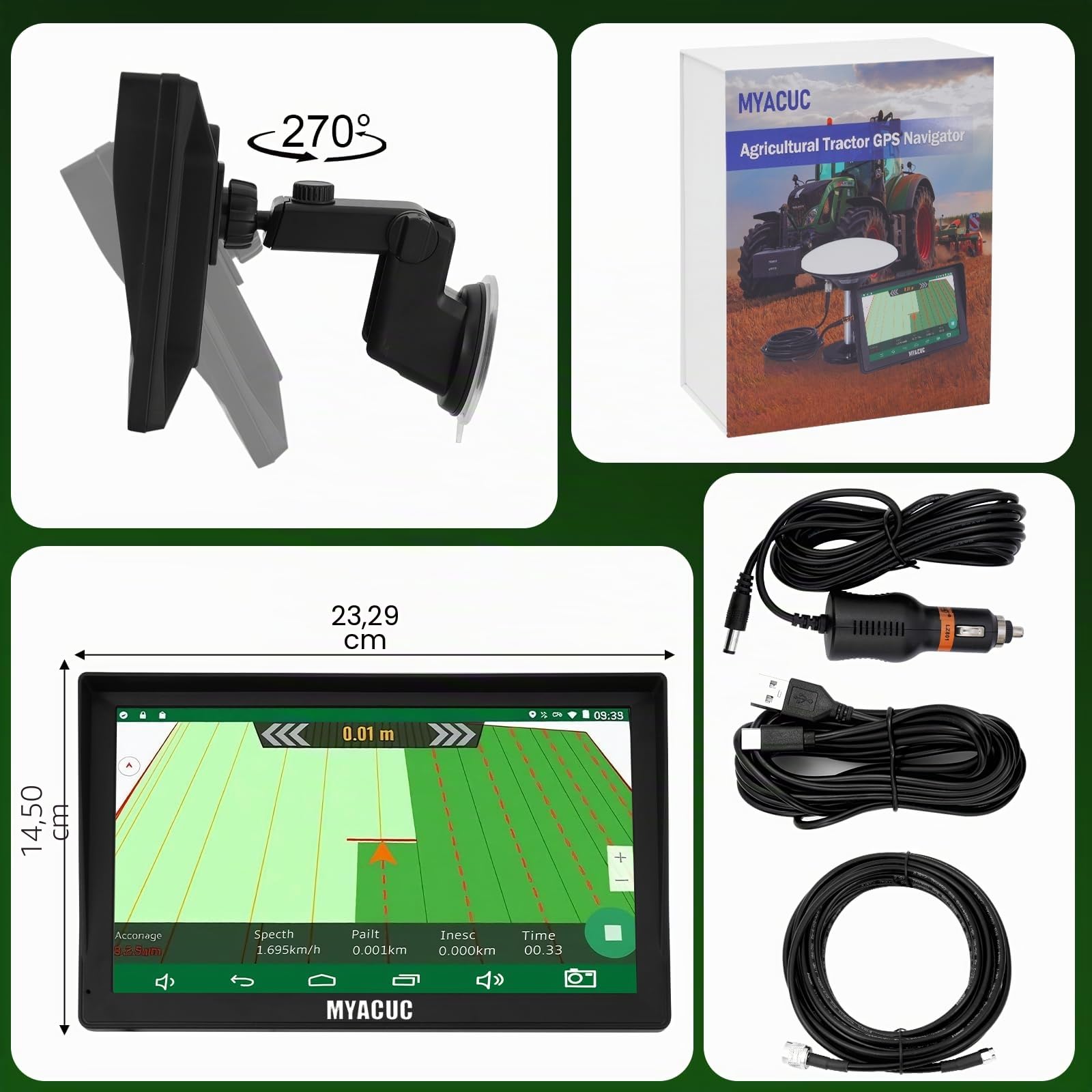 Navigateur GPS pour Tracteur pour l’Agriculture de Précision, Navigateur Agricole GNSS avec Écran Tactile de 9", Adapté à la Pulvérisation, au Labour et au Semis, Positionnement Automatique