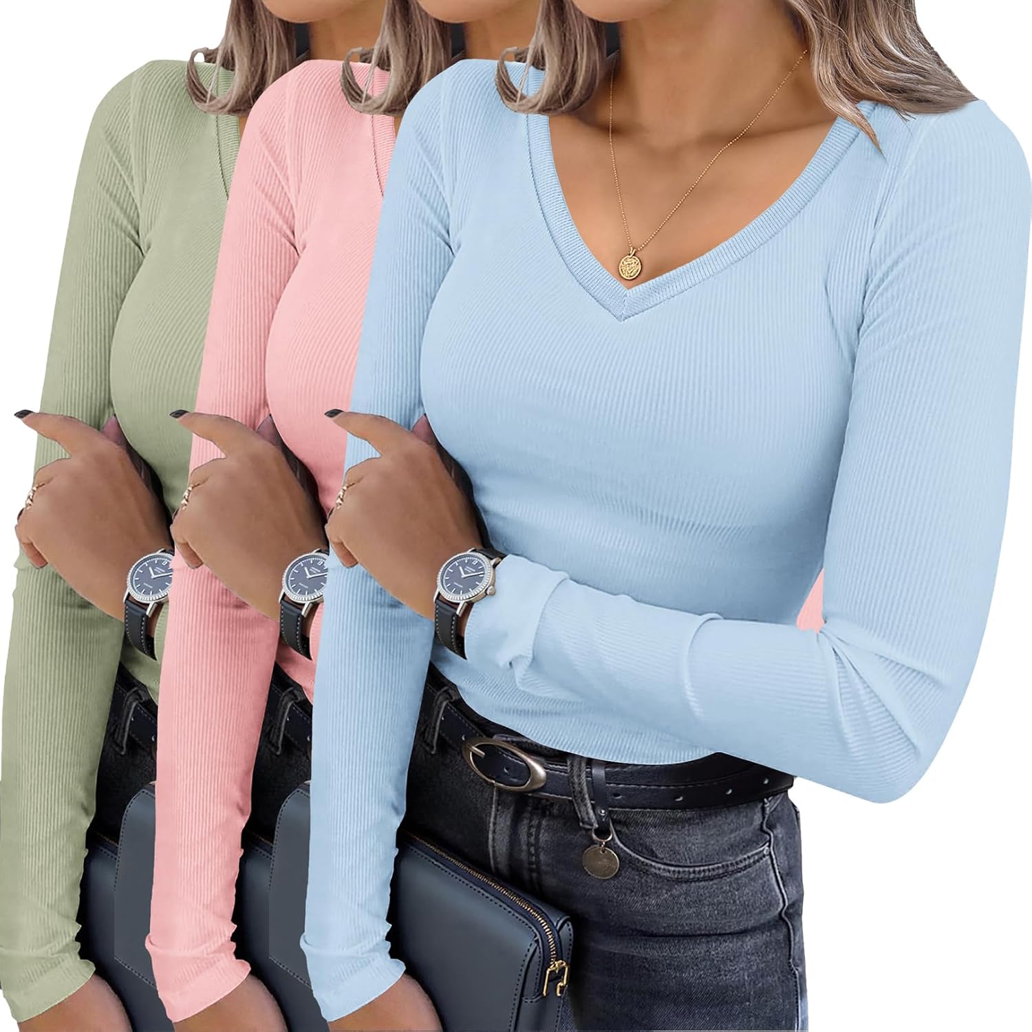 Ekouaer Womens 3 Pack Long Sleeve Shirts V Neck Ribbed Slim Fit Basic Tops Thermal Undershirts Casual Tee XS-XXL