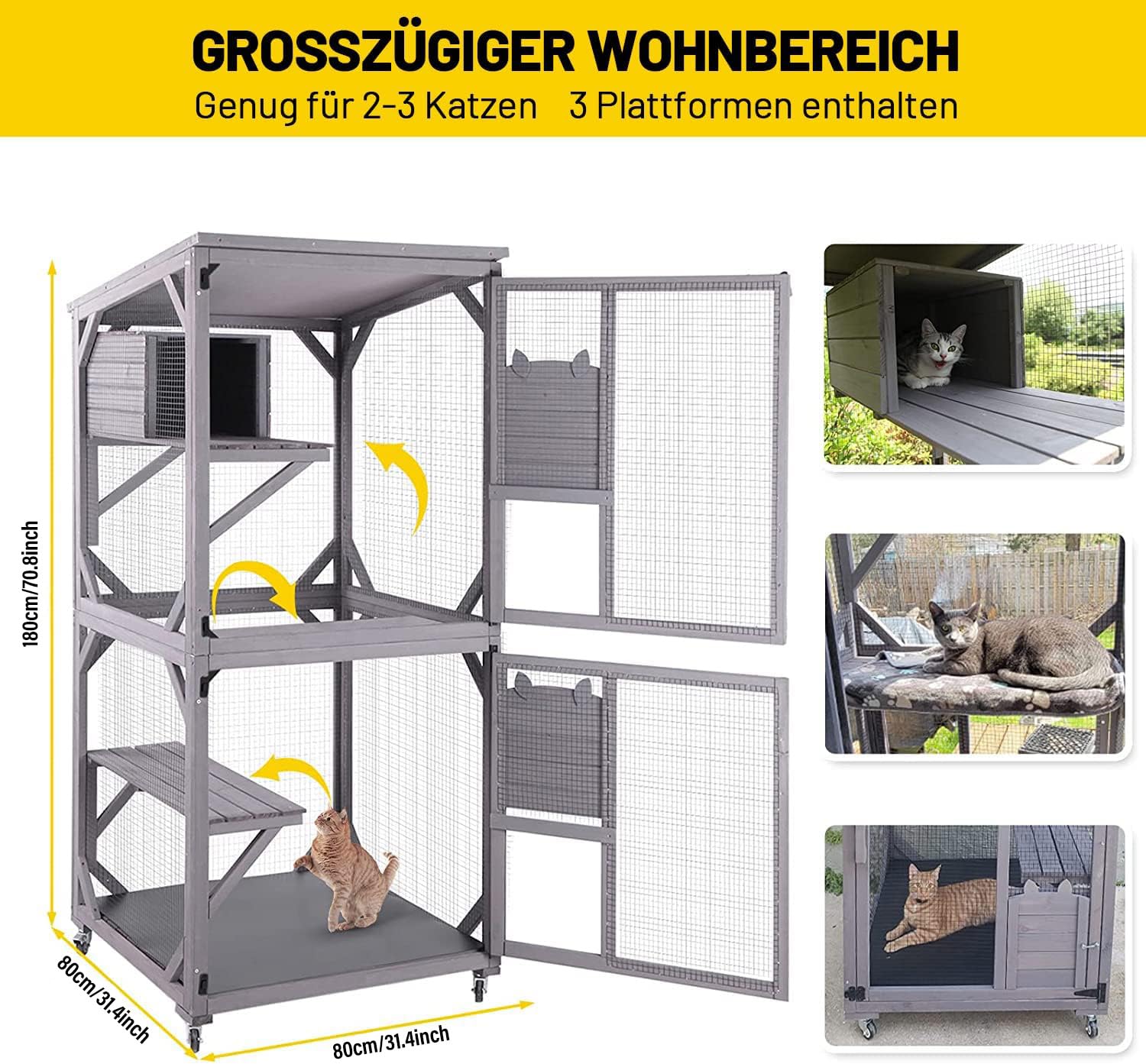 Casa para gatos de madera para uso interior y exterior, gran corral para gatos con ruedas, jaula Catio con tiras de madera reforzadas, techo impermeable