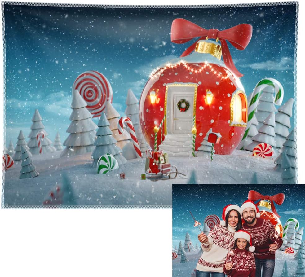 Allenjoy 96x72inch Christmas Whoville Fairy House Backdrop Winter Snow Magical Forest Candy Canes Photography Background Family Party Supplies Cake Table Decoration Banner Photo Booth Studio Prop