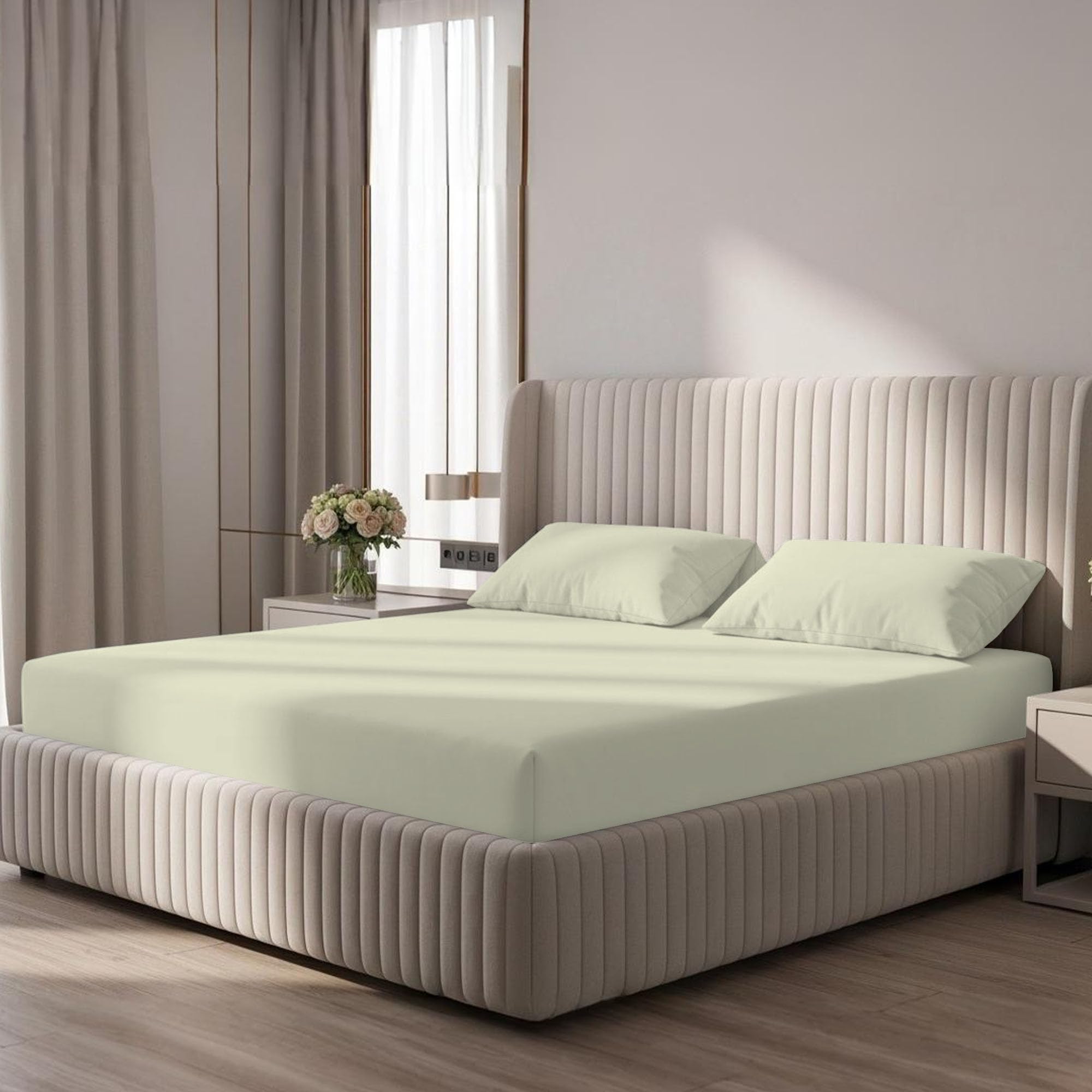 Bloombedding Cream 100% Egyptian Cotton 400Tc 3Pc Single Fitted Sheet Set, 25Cm Deep Pocket