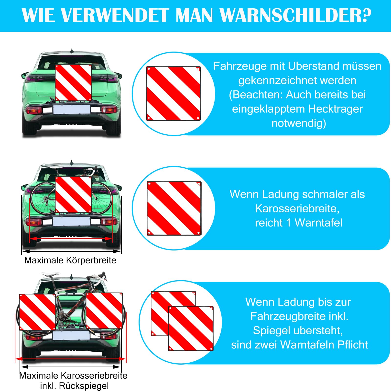 2 Stück Alu Warntafel für Italien Spanien Portugal, 3 In 1 Reflektierend Warnschild 50x50CM mit Spannseile & Eckenschützer, Zertifizierte für Fahrradträger Heckträger Anhänger Auto Wohnmobil