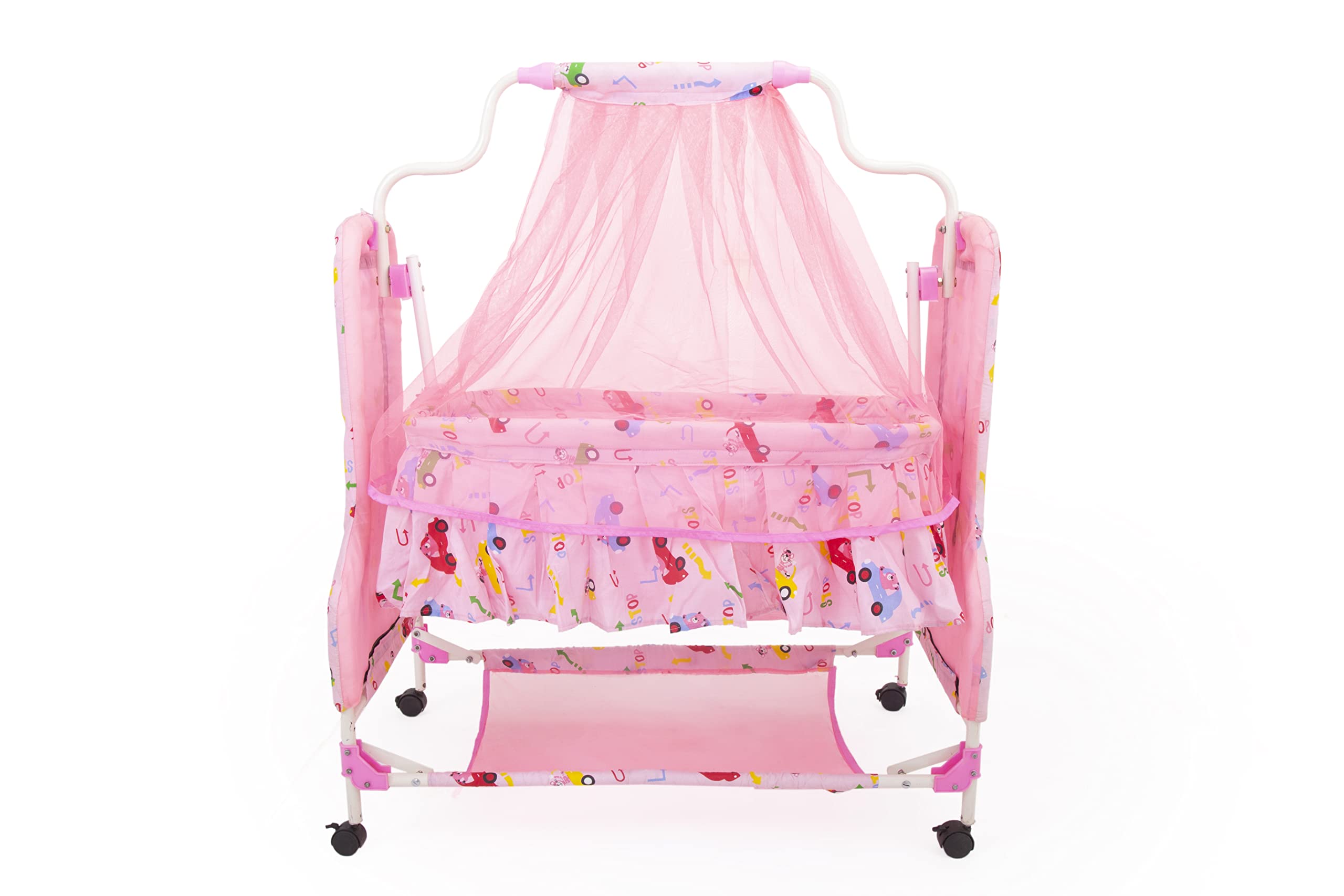 BABYBLESSING New Born Baby Soft Seat Cradle with Swing and Mosquito Net, Four Wheels with Brake Lock for Swing Cradle/Jhula/Palna/Bed/Baby Safe for 0-12 Months Colour - Pink