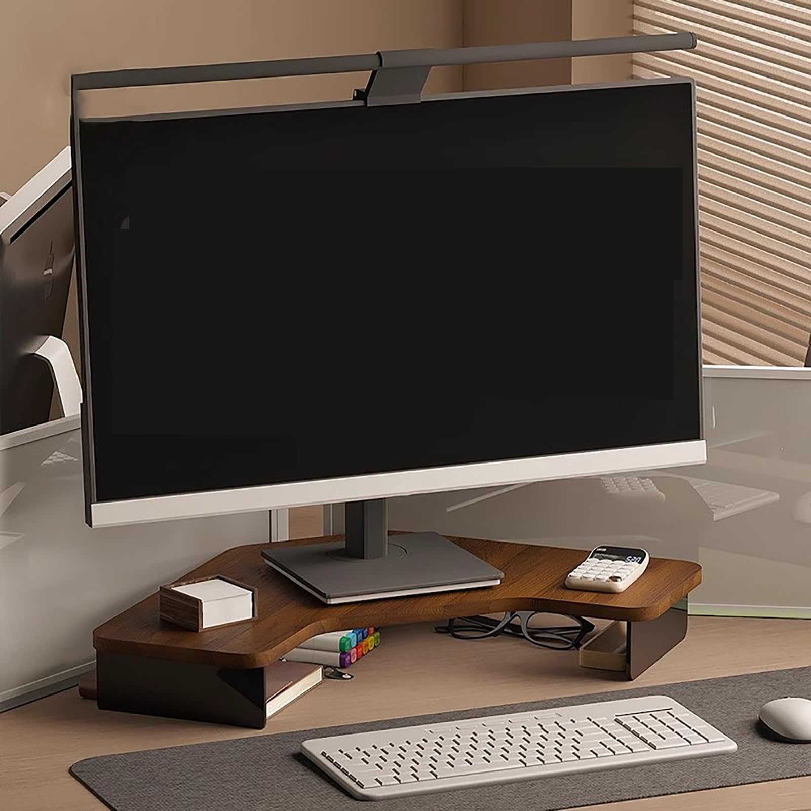 Stojak na Monitor Podstawka Pod Monitor na Biurko z Akrylowymi Nóżkami, Organizery na Biurko w Kształcie Trójkąta Dekoracyjnego z Metalowym Otworem na Drut, Podstawka na Komputer Narożna(Brown)