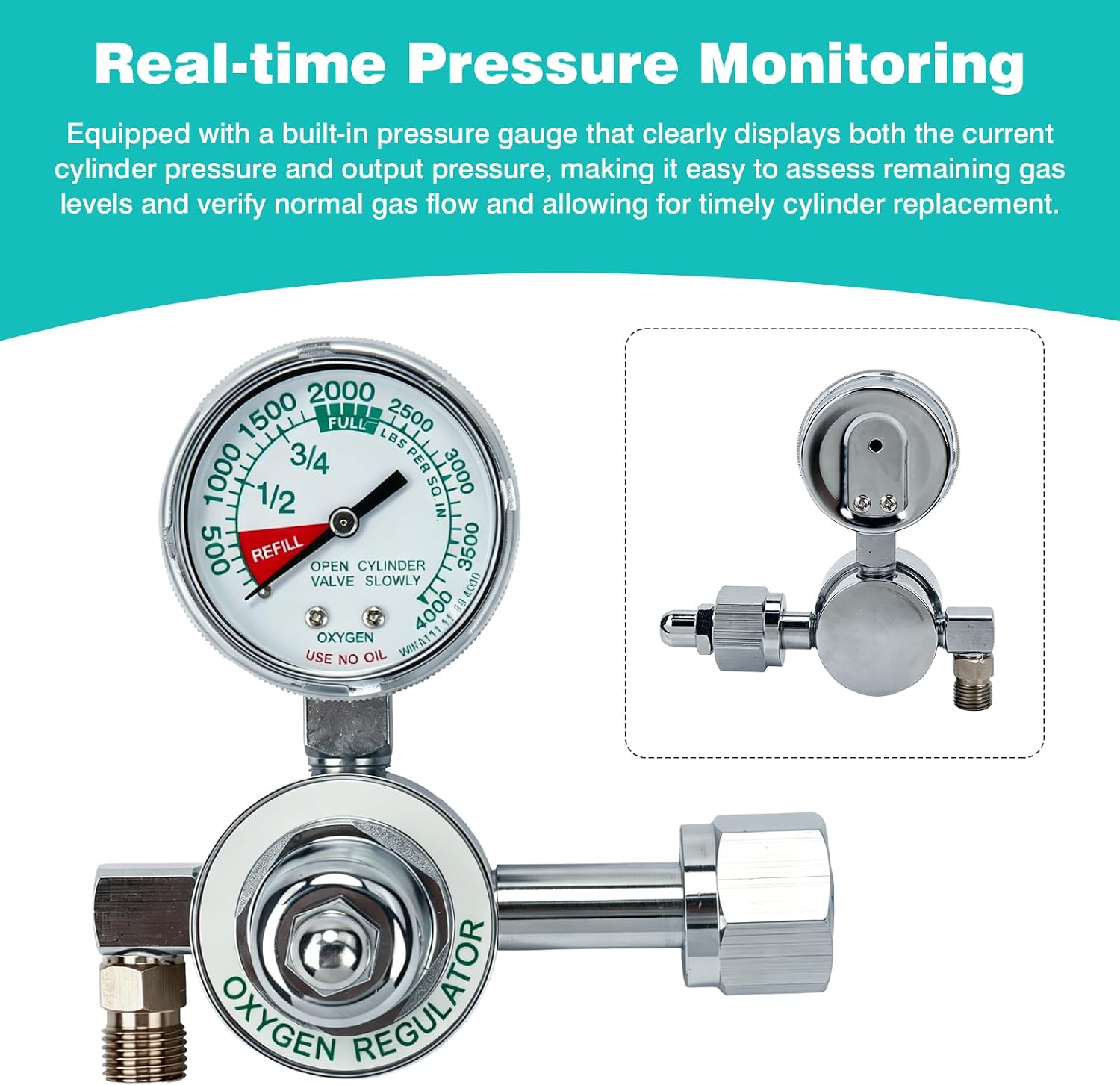 M1-540-P Oxygen Regulator, M1 Series Preset Pressure O2 Regulator for Oxygen Concentrator & Tank, CGA540 Nut/Nipple Inlet, 3000 PSI, Chrome Brass Body