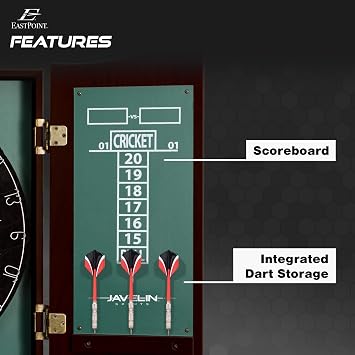 EastPoint Belmont Dart Board Cabinet, 6 Steel Tip Darts, Game Room Decor | Official Size, Self-Healing Sisal, Staple-Free Bullseye, Built-In Scoring & Storage, Man Cave Decor, For Family Game Nights