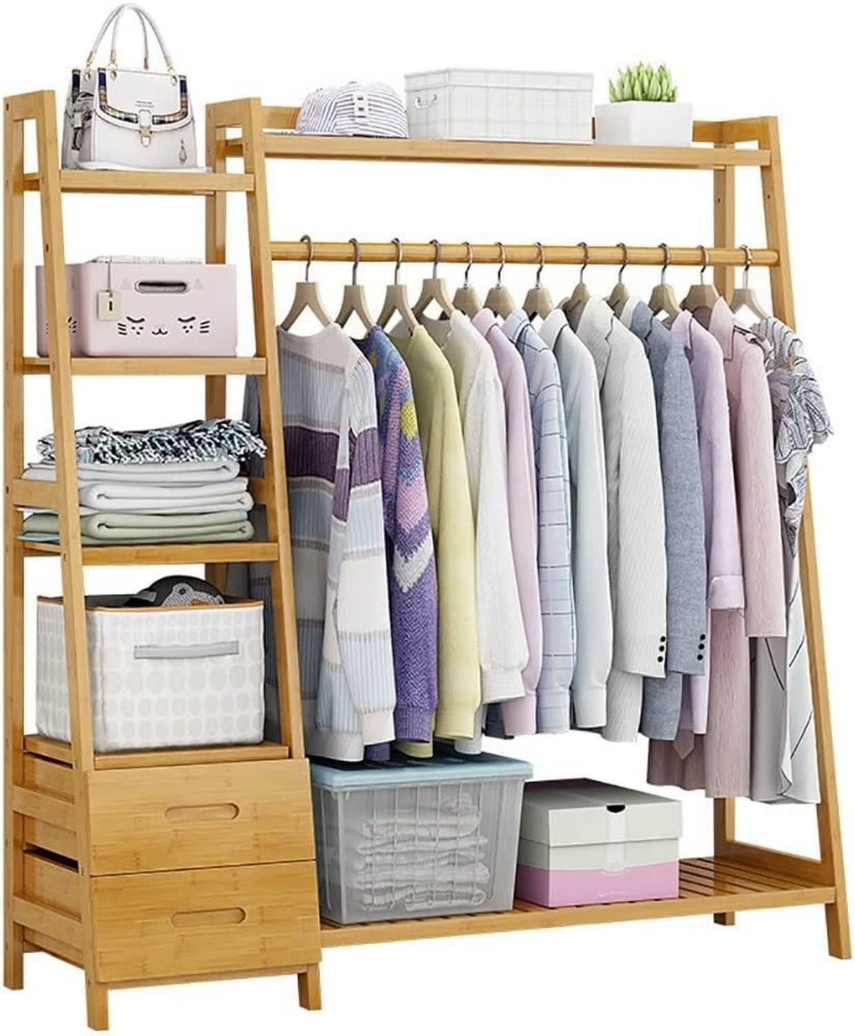 Clothes Rail Garment Rack Wood Clothes Rail Stand 4-in-1 Coat Garment Rack with Hanging Rod and Shoe Rack