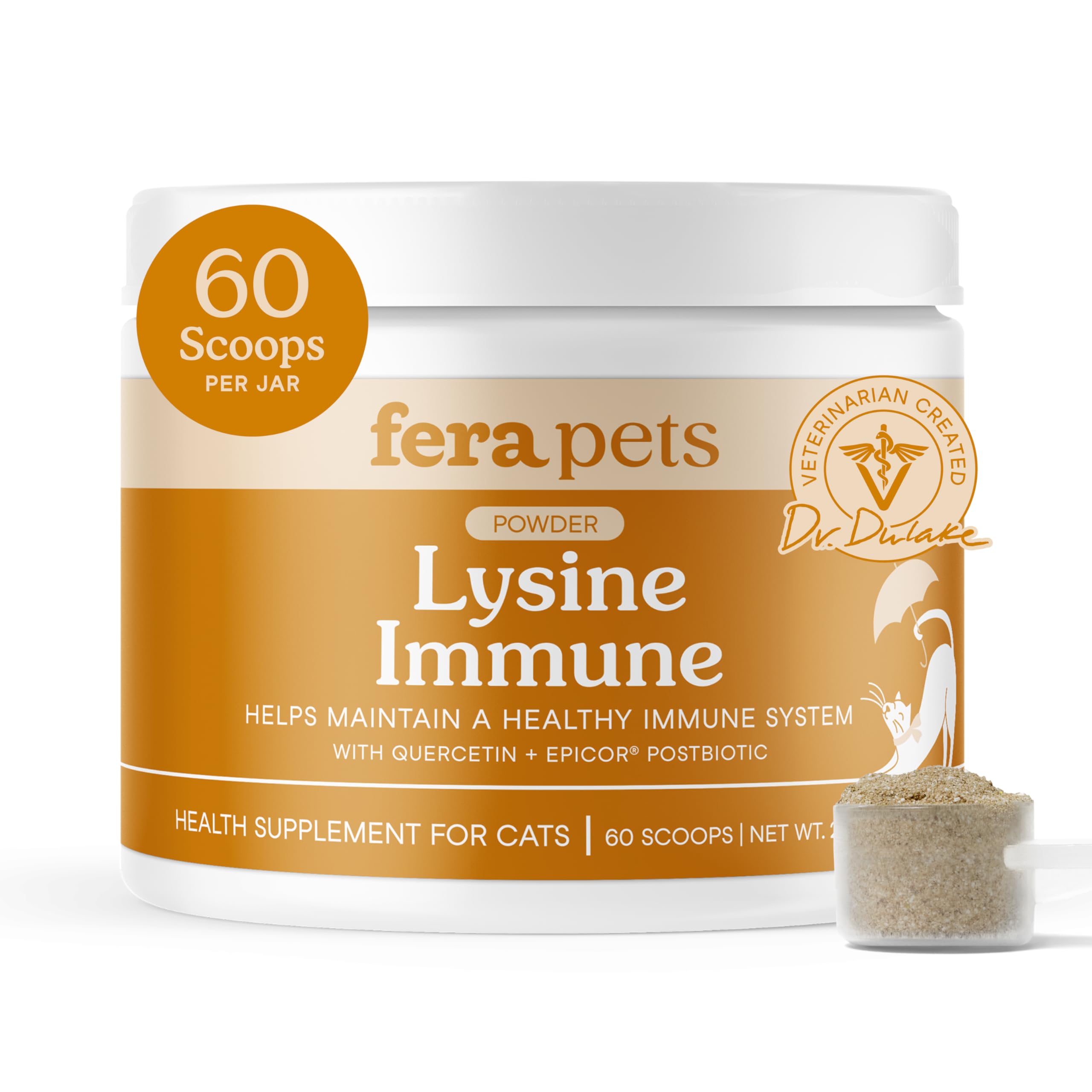 Fera PetsLysine Powder for Cats - Immune Support Supplement with Quercetin & Postbiotics - Promotes Respiratory Health & Normal Inflammatory Response - Helps Maintain Normal Eye Health - 60 Scoops