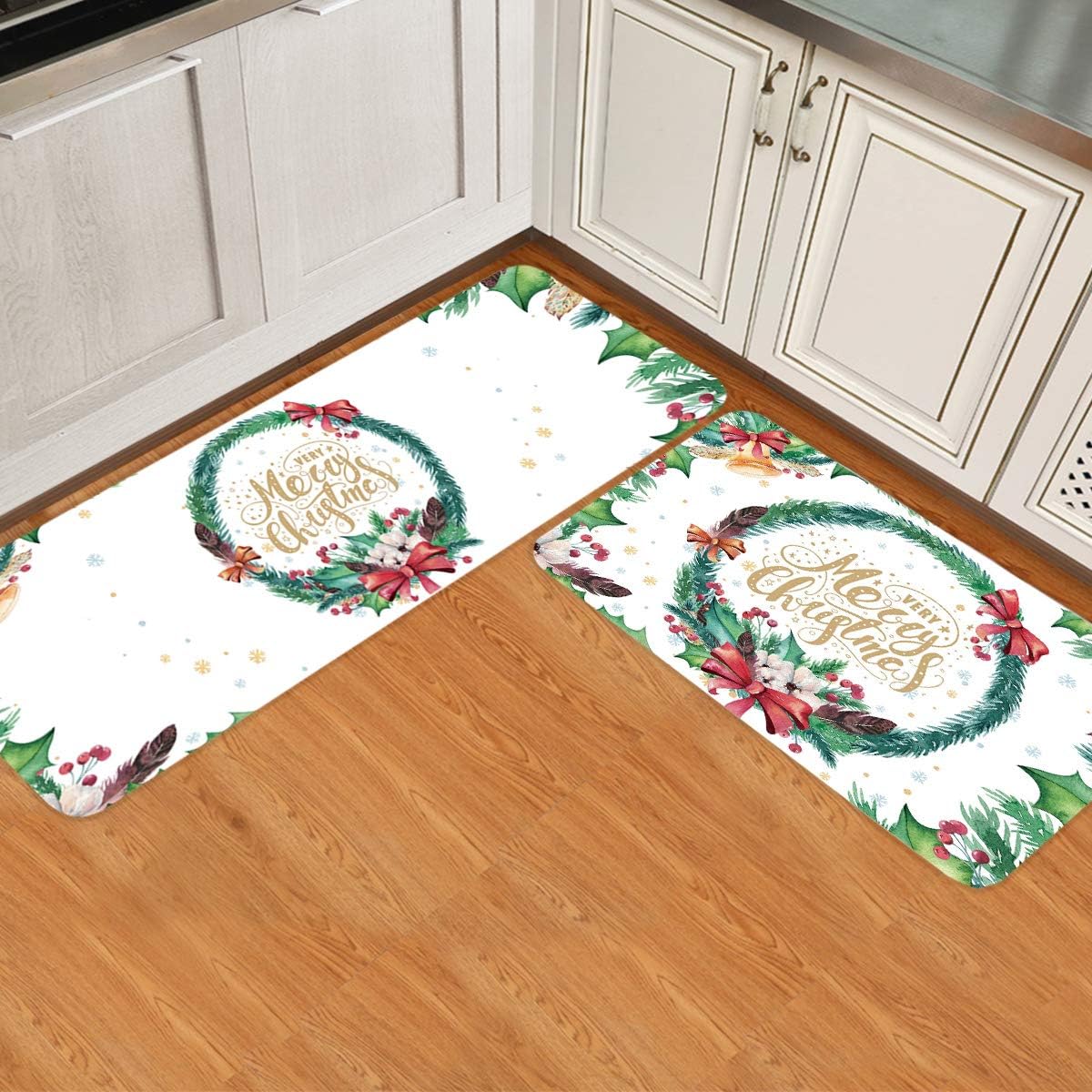 Merry Christmas Kitchen Mats for Floor 2 Piece Cushioned Comfort