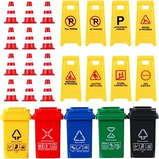 TOYANDONA Children Toys 25pcs Mini Traffic Signs Toys, Play Traffic Signs Trash Can Toy Mini Traffic Cones Warning Sign Toy for Kids Street Signs Playset Kid Toys