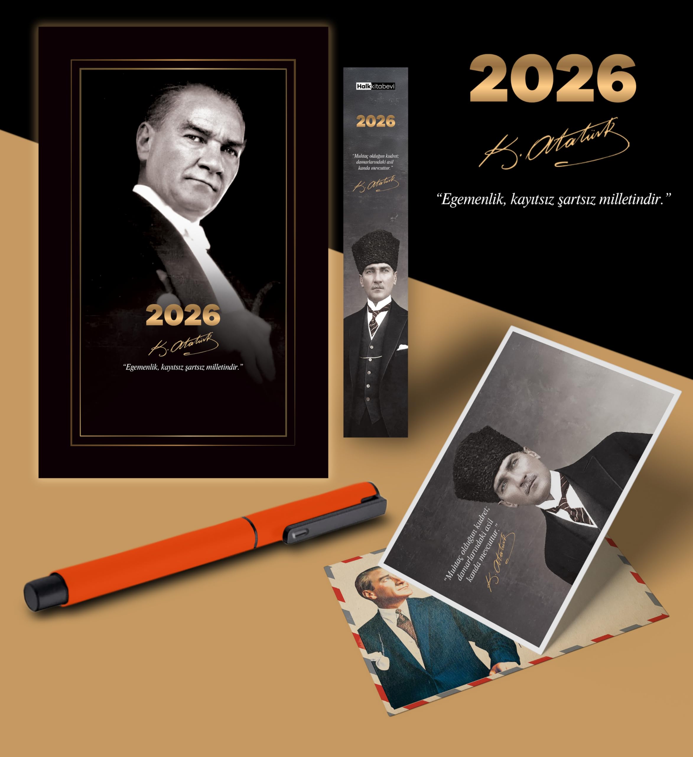 2026 Gazi Paşa Atatürk Ajandası Ayraç Kartpostal Kalem - Turuncu
