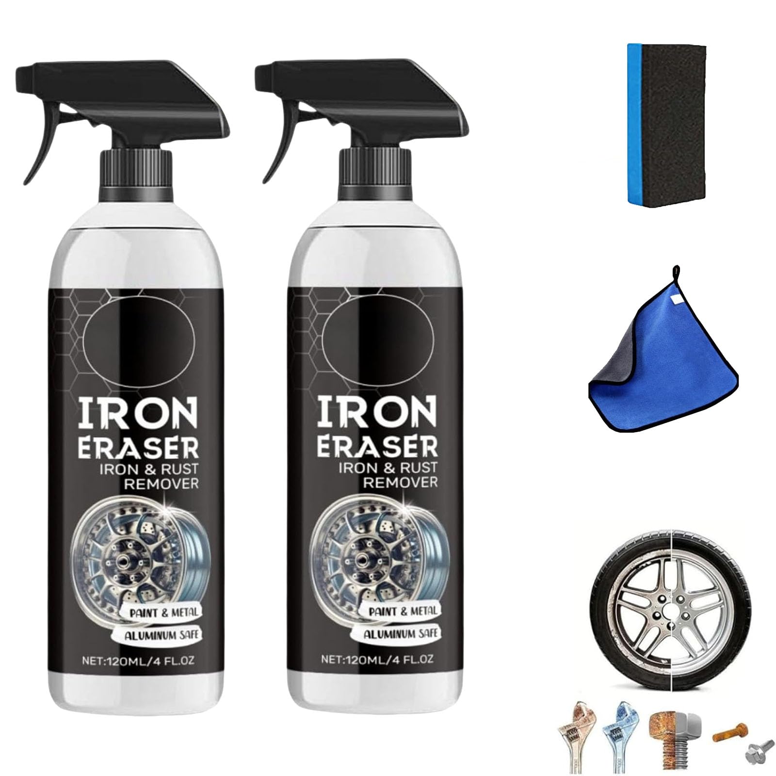 Generico Spray antiruggine Iron Eraser, 2026 Nuovo Spray antiruggine in Polvere di Ferro per Ruote e Vernici Auto. Antiruggine ad Azione Rapida e pulitore per Polvere dei Freni per Ruote (2pcs)