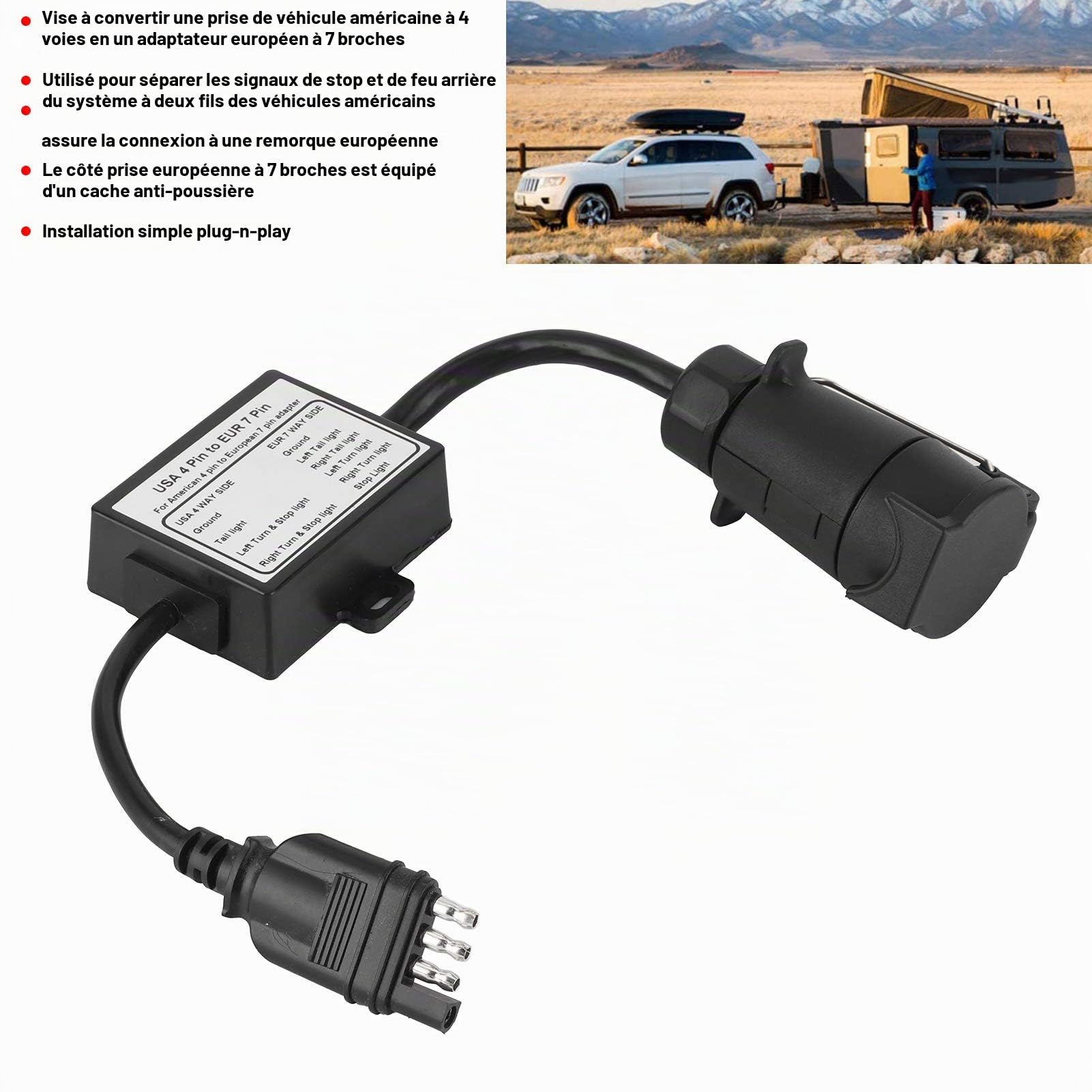 Connecteur de Remorque Convertisseur de Lumière USA Adaptateur 4 Broches vers EUR 7 Broches Séparation du Signal D'arrêt/de Freinage pour le Remorquage D'un Véhicule Américain