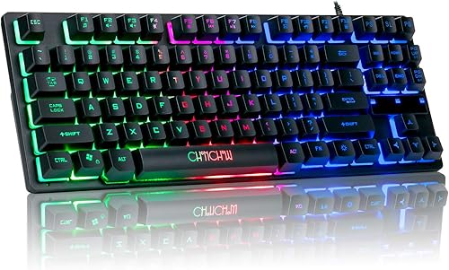 CHONCHOW - Teclado compacto para juegos con cable USB de 87 teclas, teclado LED de arco iris, retroiluminado sin teclas, teclado TKL, teclado RGB