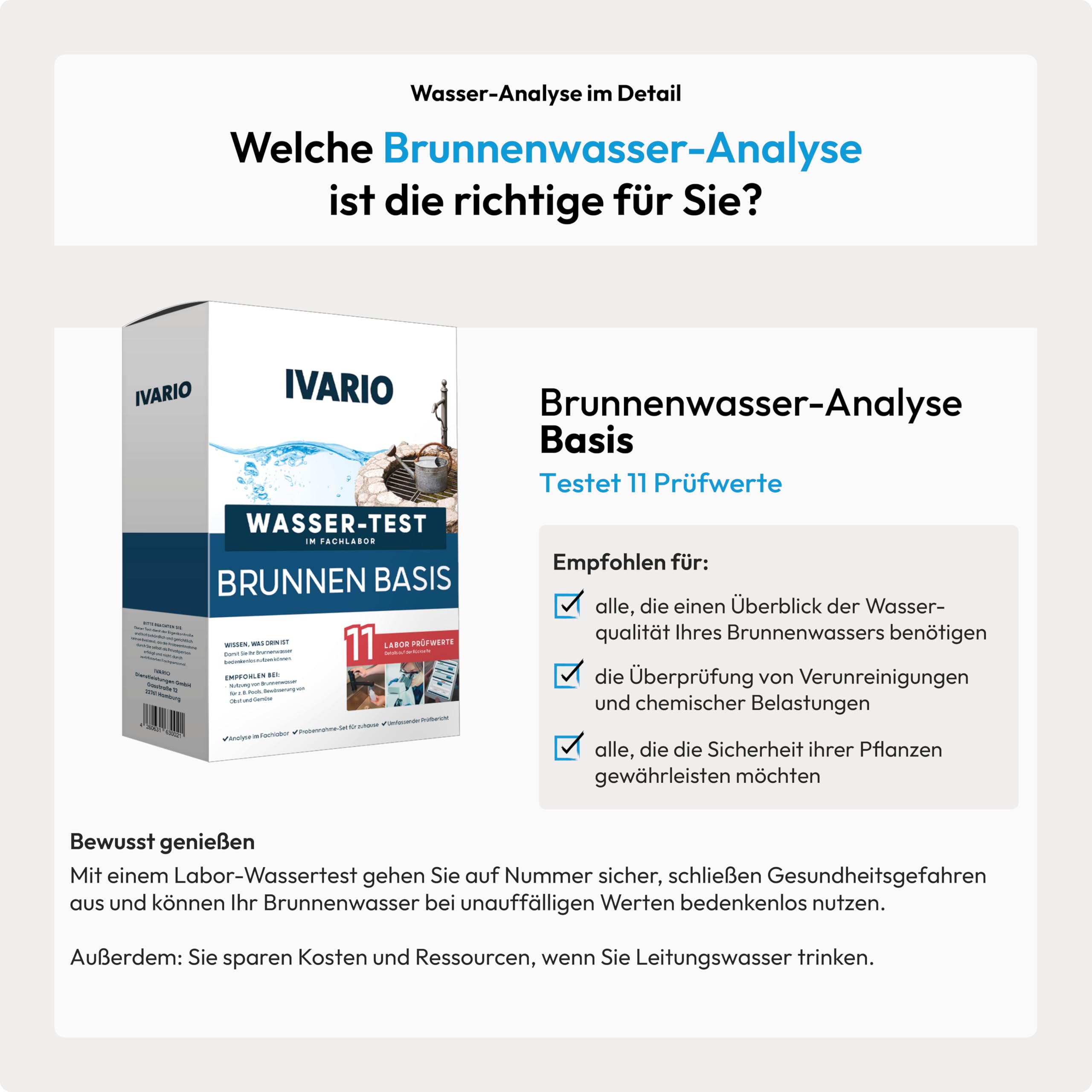 IVARIO Labor-Wassertest Brunnenwasser Basis, Laboranalyse im Deutschen Fachlabor mit 11 Prüfwerten/kostenlose Expertenberatung/Kinderleichte Probenahme