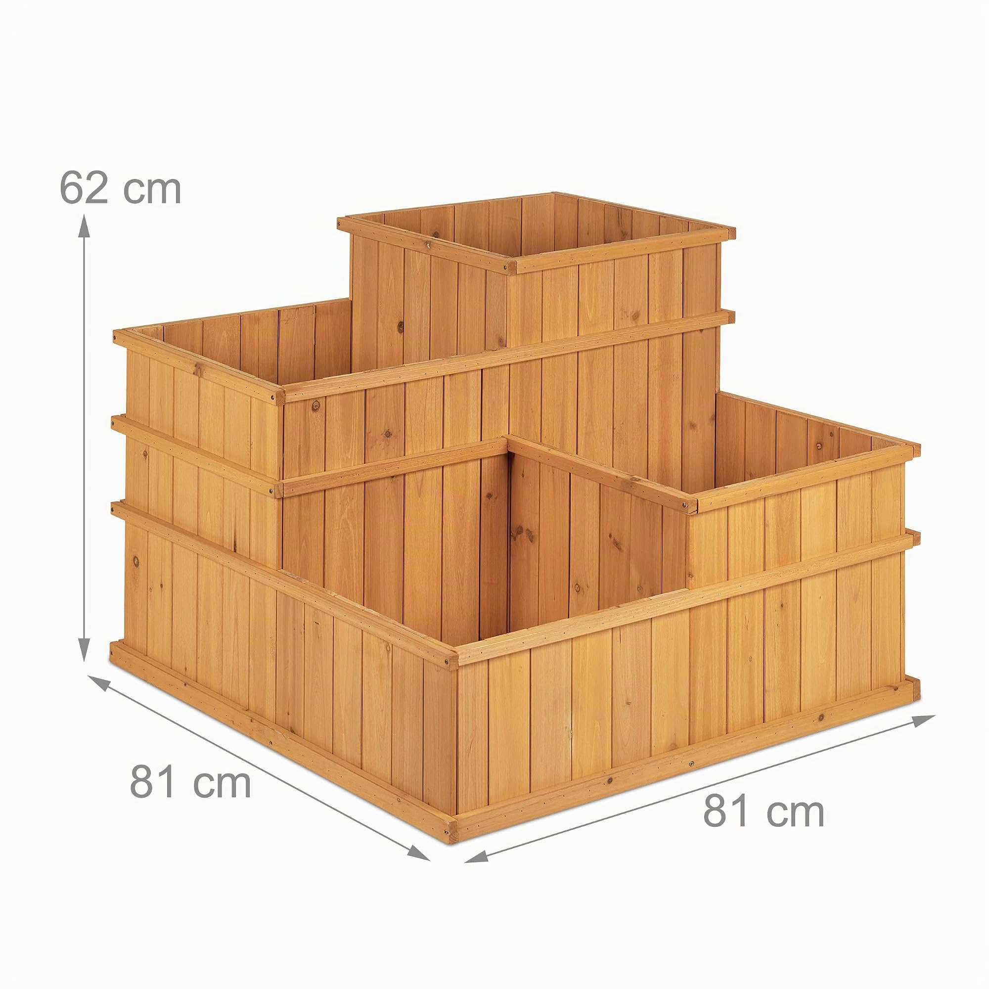 Relaxdays Hochbeet, gestuft, 4 Pflanzkästen, Garten, Balkon, Terrasse; Pflanzbeet aus Holz, HxBxT: 61x81x81 cm, Natur