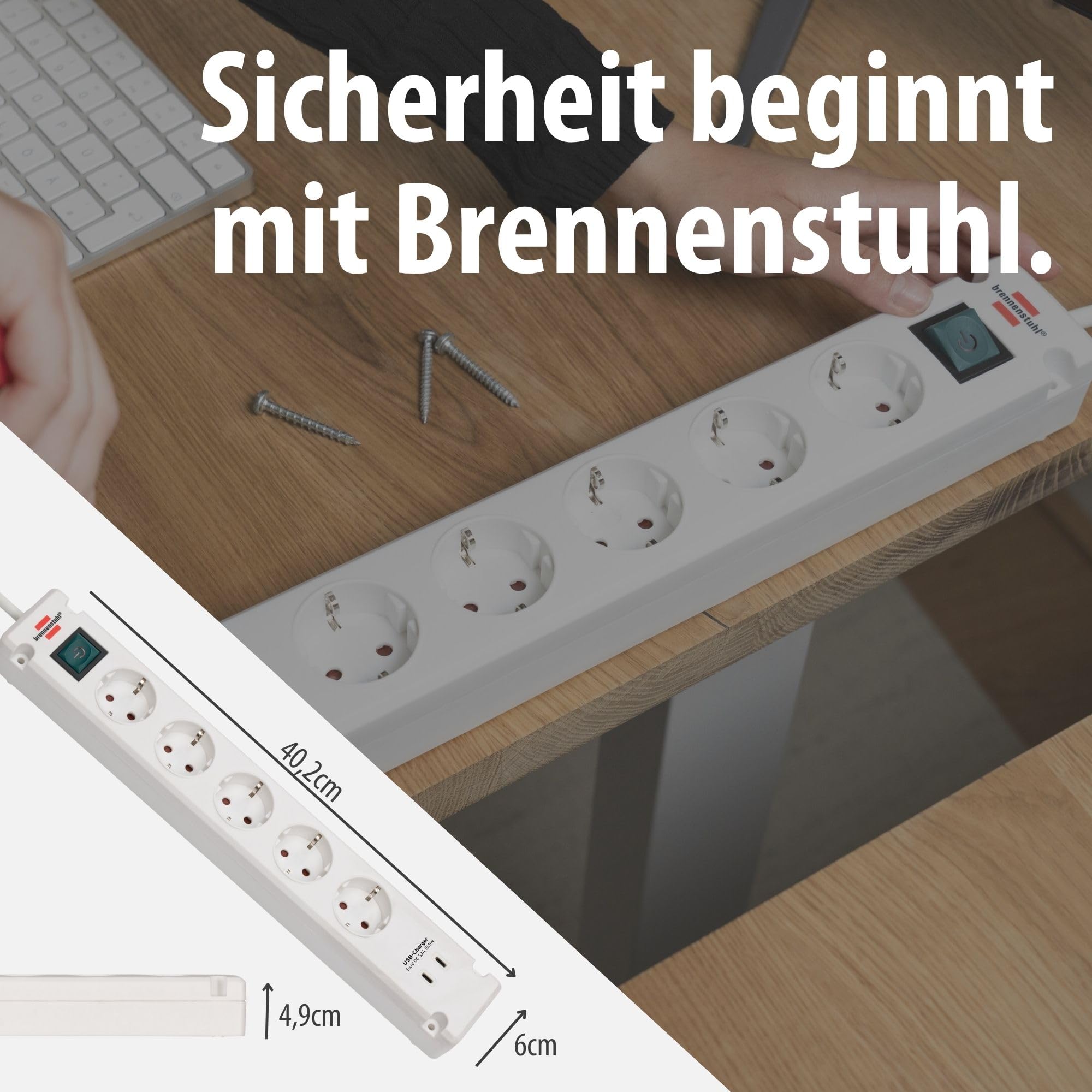 Bremounta 5-krotny + USB-C biały *DE* 3 m H05VV-F3G1,5 z przełącznikiem