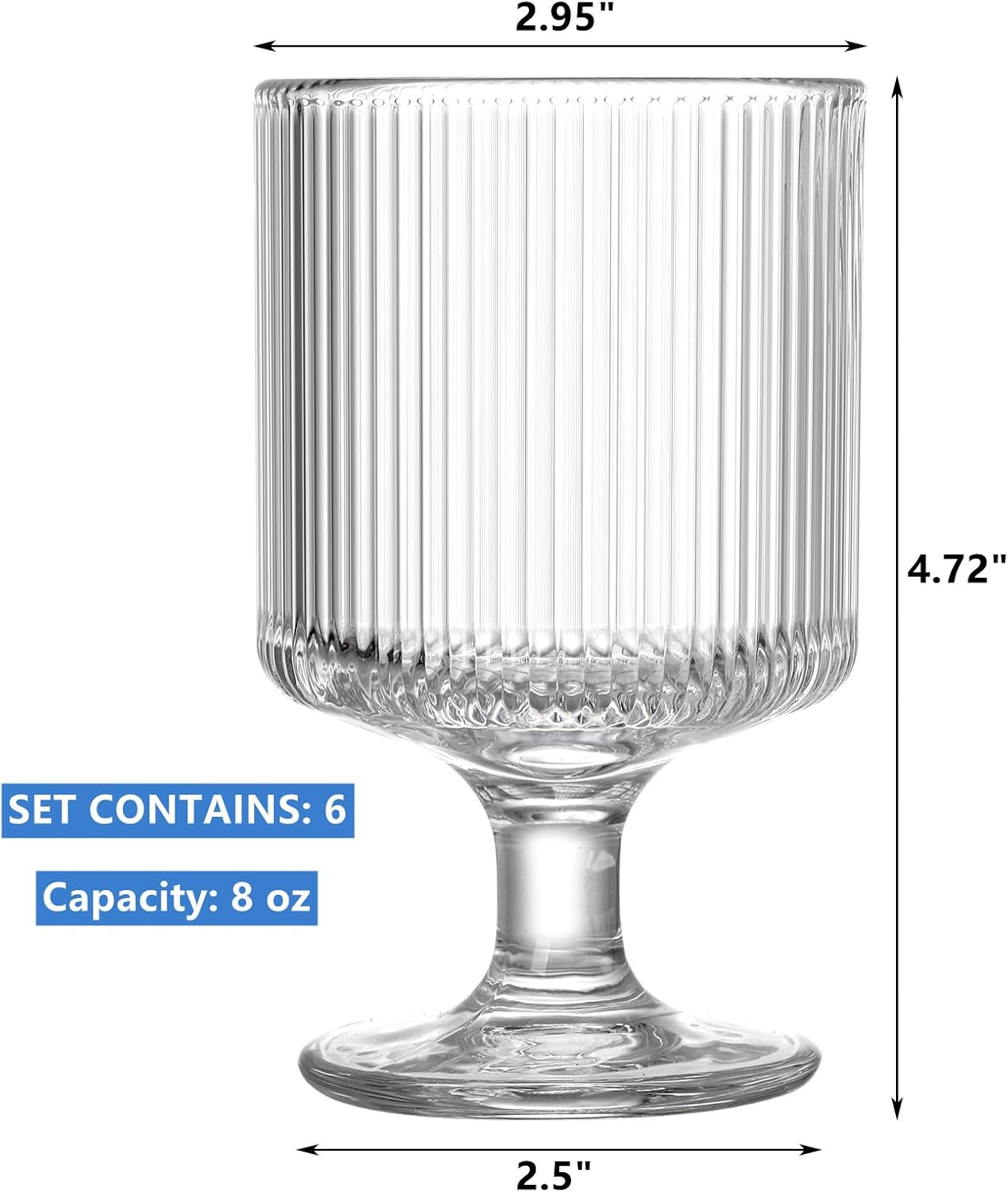 DEAYOU Set of 6 Ribbed Vintage Wine Glasses, 8 oz Clear Interlocking Ribbed Water Goblet Glasses, Unique Short Stem Cocktail Glasses for Iced Tea, Juice, Whiskey, Beer, Dessert, Party - Image 2