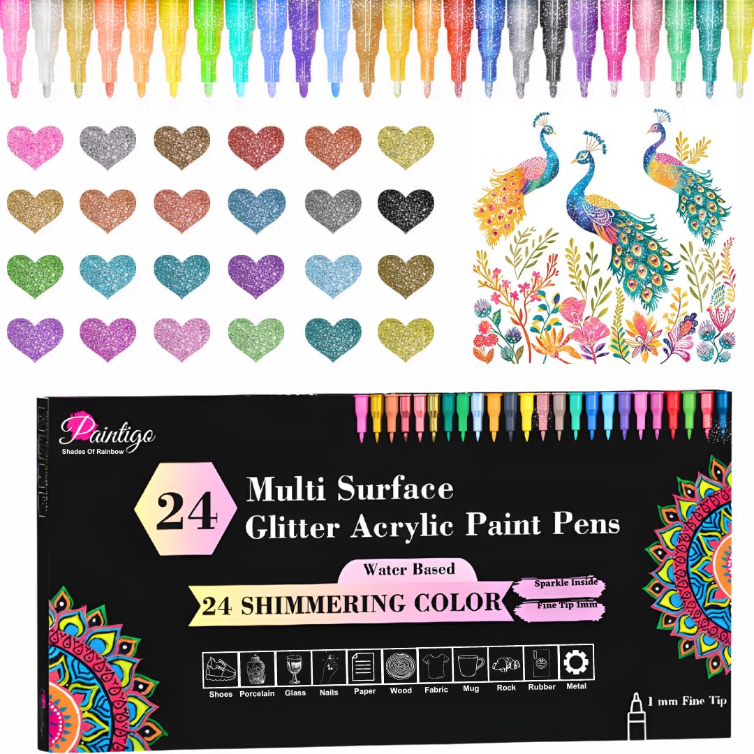 PAINTIGO 24 Colors Glitter Paint Markers - Water-Based Acrylic Pens with Fine Tip for Rock Painting, Wood, Canvas, Ceramic, Glass, Shoes, Fabric, Card