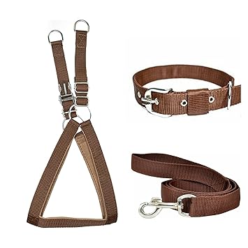 VIP Collection Nylon Dog Collar with Soft Padded Lightweight Comfortable & Adjustable Dog Collars Leash Buckle Dog Harness Set Combo (Small, Brown)