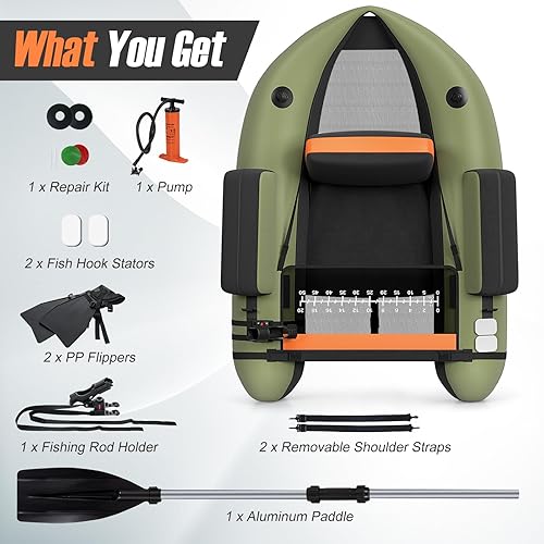 Miniatura 35 de GYMAX Tubo flotador de pesca, barco de pesca inflable de 350 libras con paleta, bomba, aletas, estatores de anzuelos, regla de pescado, bolsillos