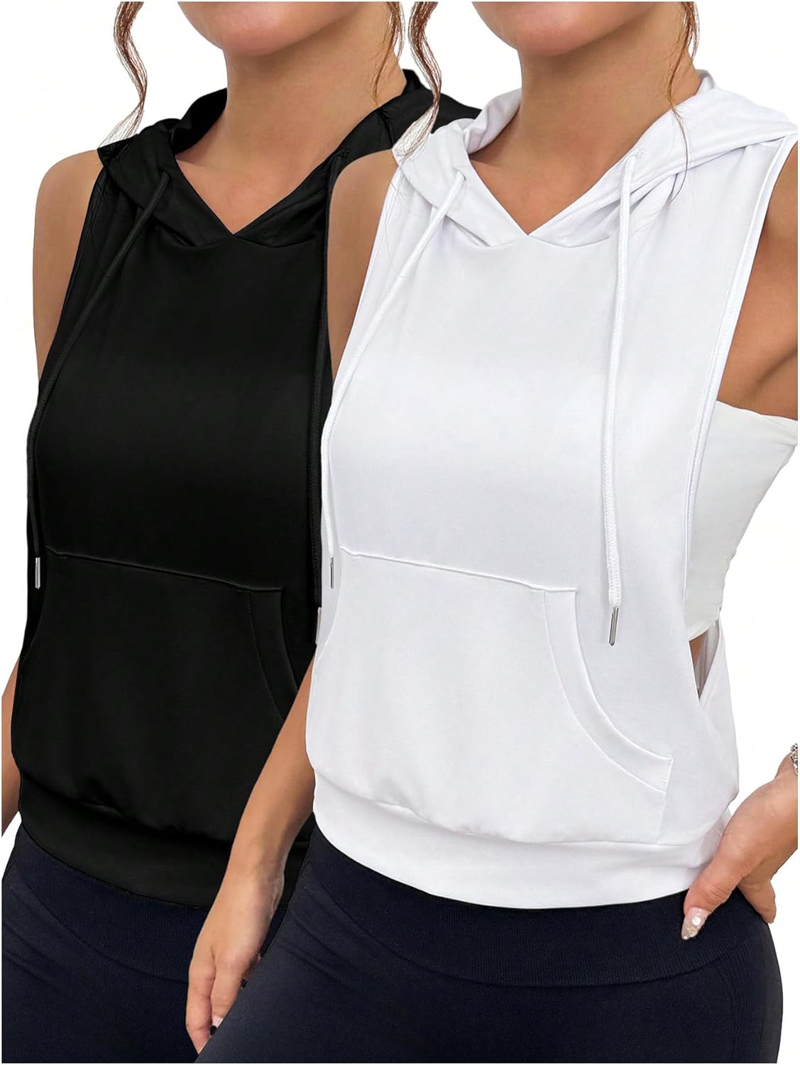 SweatyRocks Women's Sleeveless Low Cut Racerback Hoodies Workout Tops Cropped Hooded Tanks with Pocket - Image 2