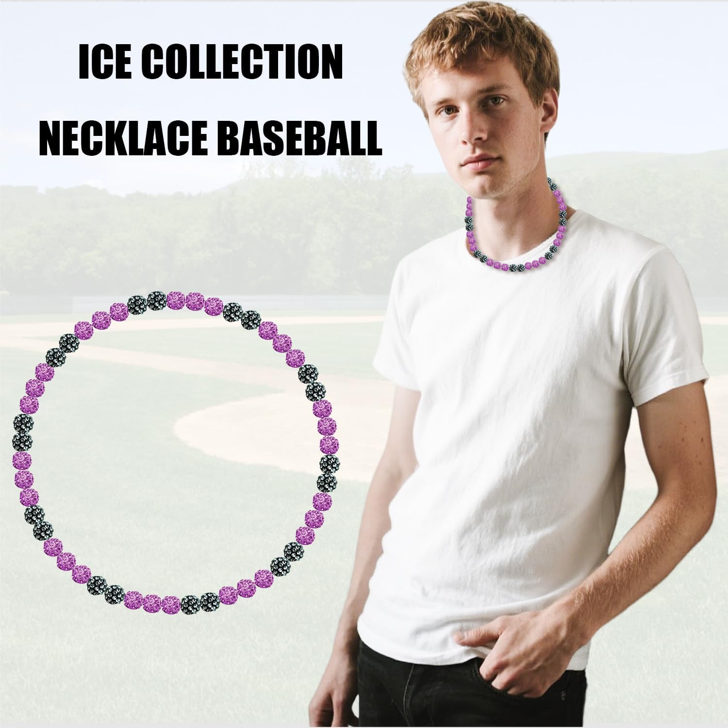 Baseball Chain Beaded Necklace, 16/18/20'' Ice Collection Diamond Bling Discoball Baseball Dirp - Image 3